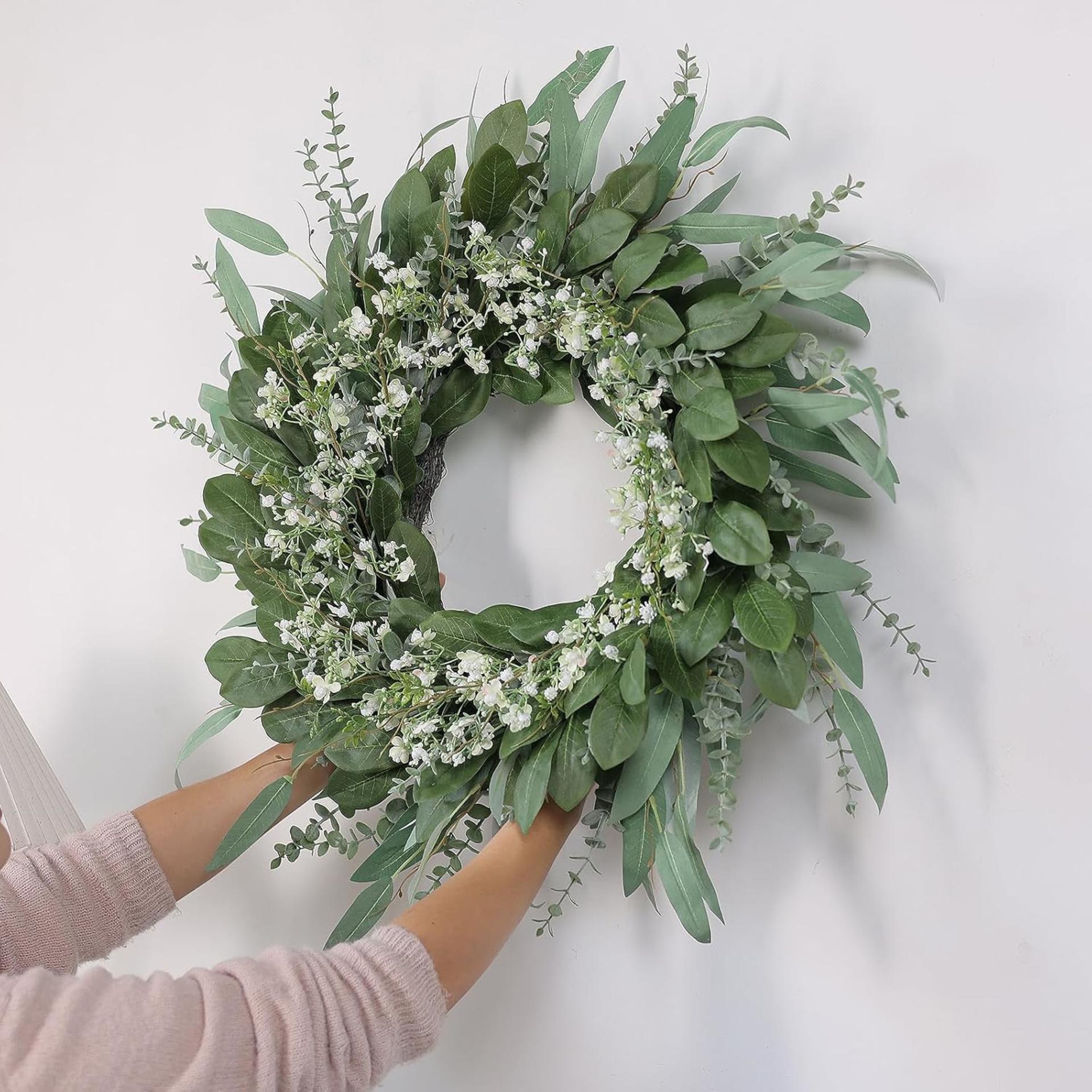 26" Large Eucalyptus and Baby's Breath Wreath for Front Door - Artificial Greenery for All Seasons - 4