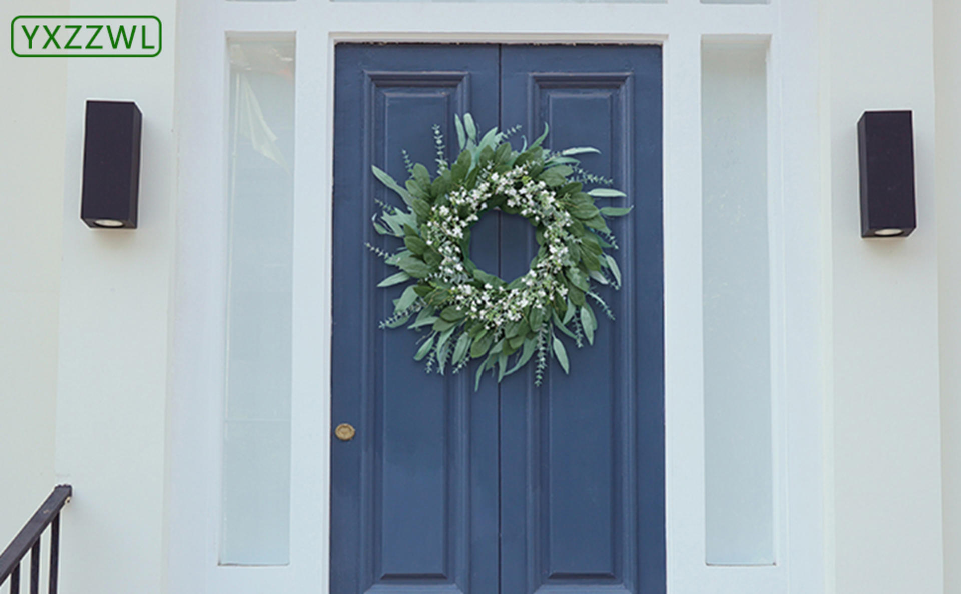 26" Large Eucalyptus and Baby's Breath Wreath for Front Door - Artificial Greenery for All Seasons detail 1