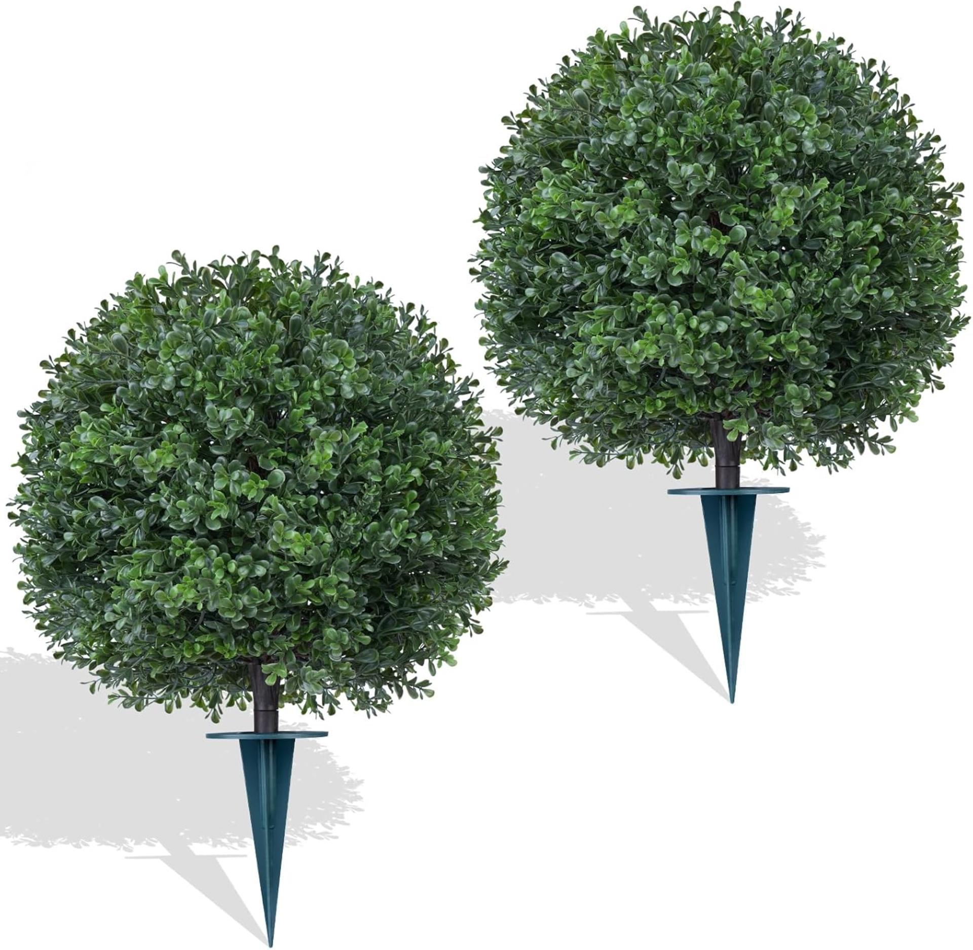 2Pcs Artificial Boxwood Topiary Ball Trees, UV Resistant Outdoor Faux Shrubs with Spikes