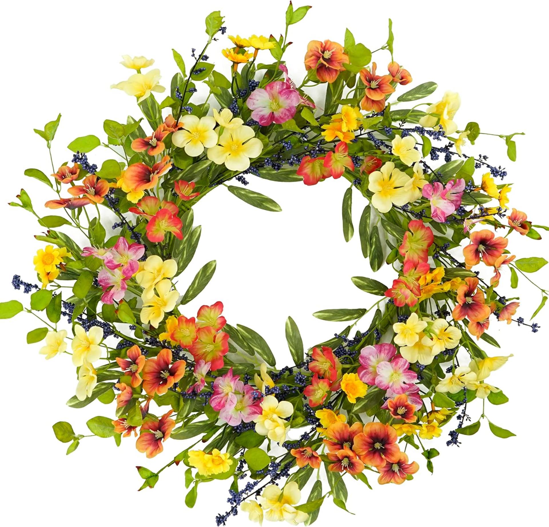 20-Inch Spring Summer Wreath with Colorful Wildflowers, Eucalyptus and Olive Leaves