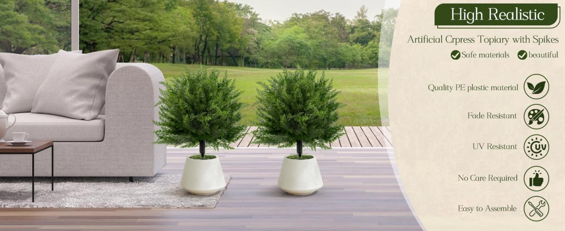 Artificial Cedar Topiary Ball Trees with Spike, 15.7" UV Resistant Faux Boxwood for Outdoor & Indoor Decor detail 1
