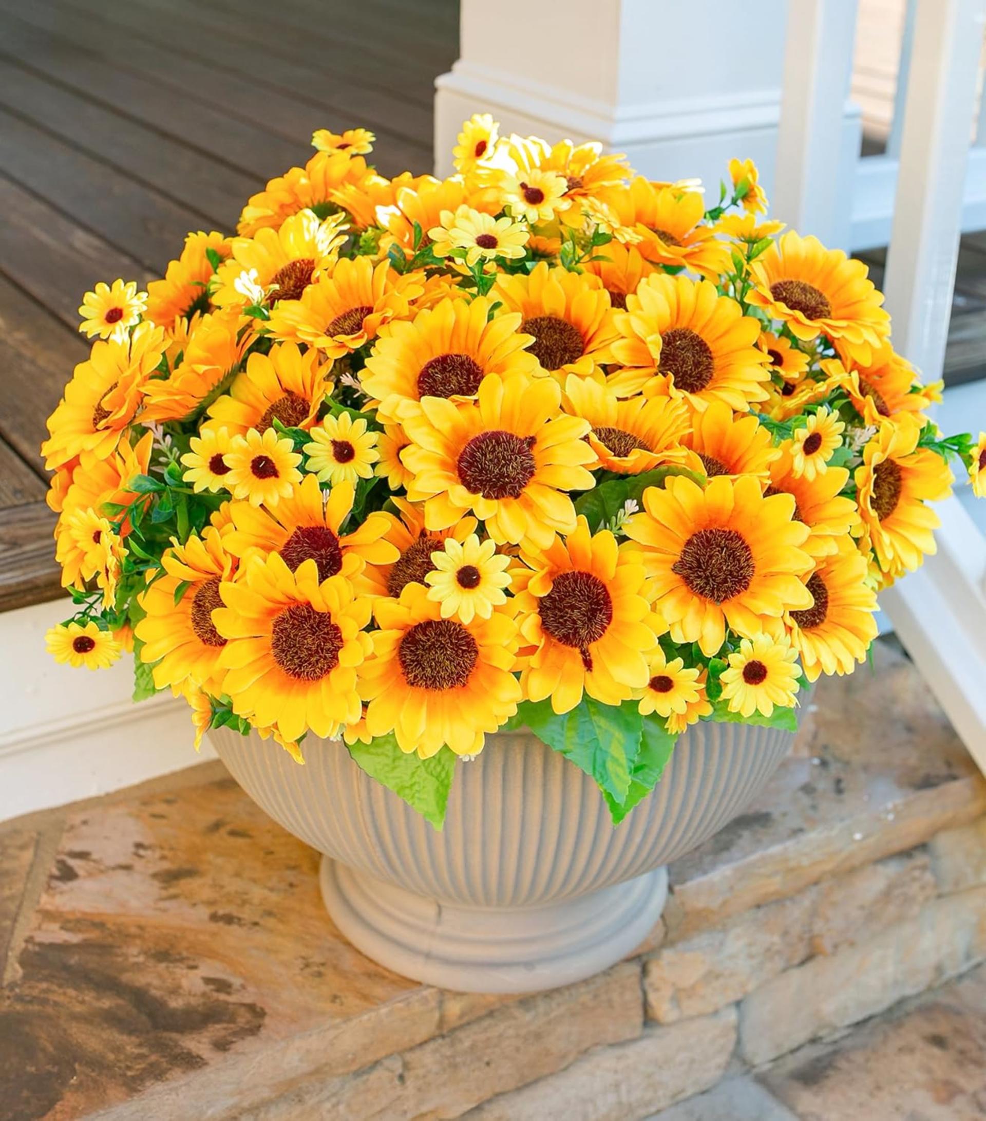 10 Buquês de Girassóis Artificiais para Decoração Externa e Interna, Flores Falsas Resistentes a UV