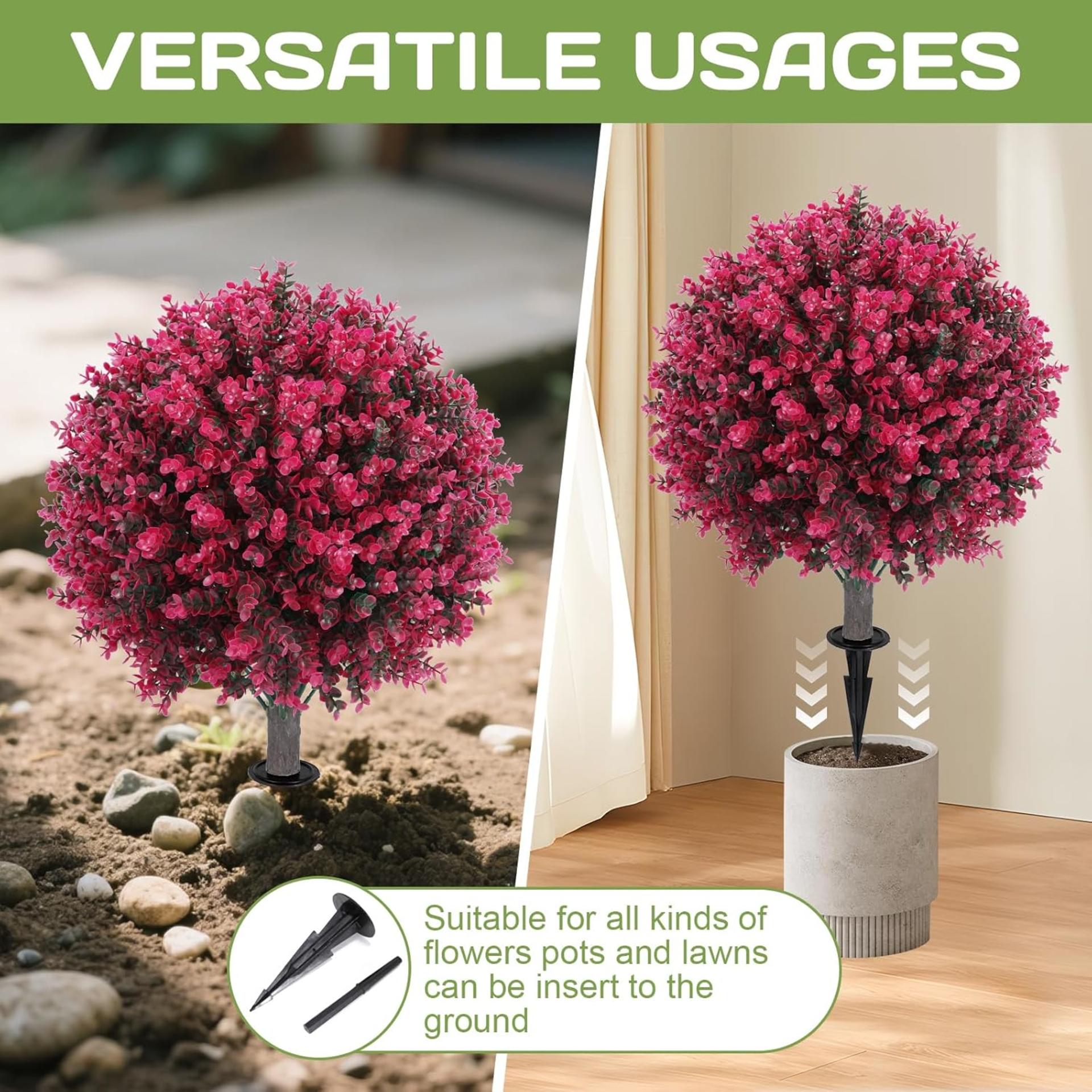 24" Artificial Red Eucalyptus Topiary Ball Tree with Ground Spike, Set of 2 UV Resistant Bushes - 4