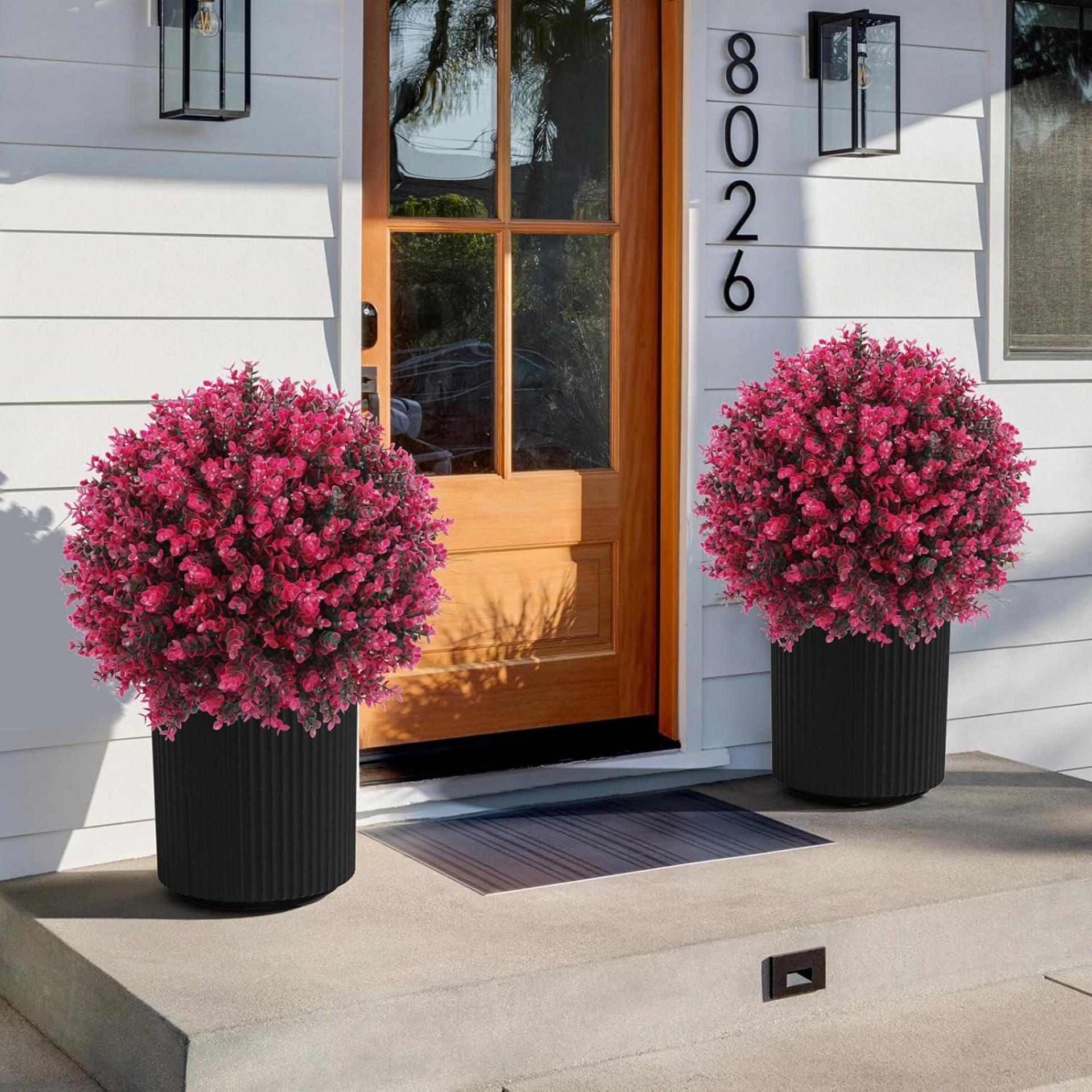 24" Artificial Red Eucalyptus Topiary Ball Tree with Ground Spike, Set of 2 UV Resistant Bushes - 5