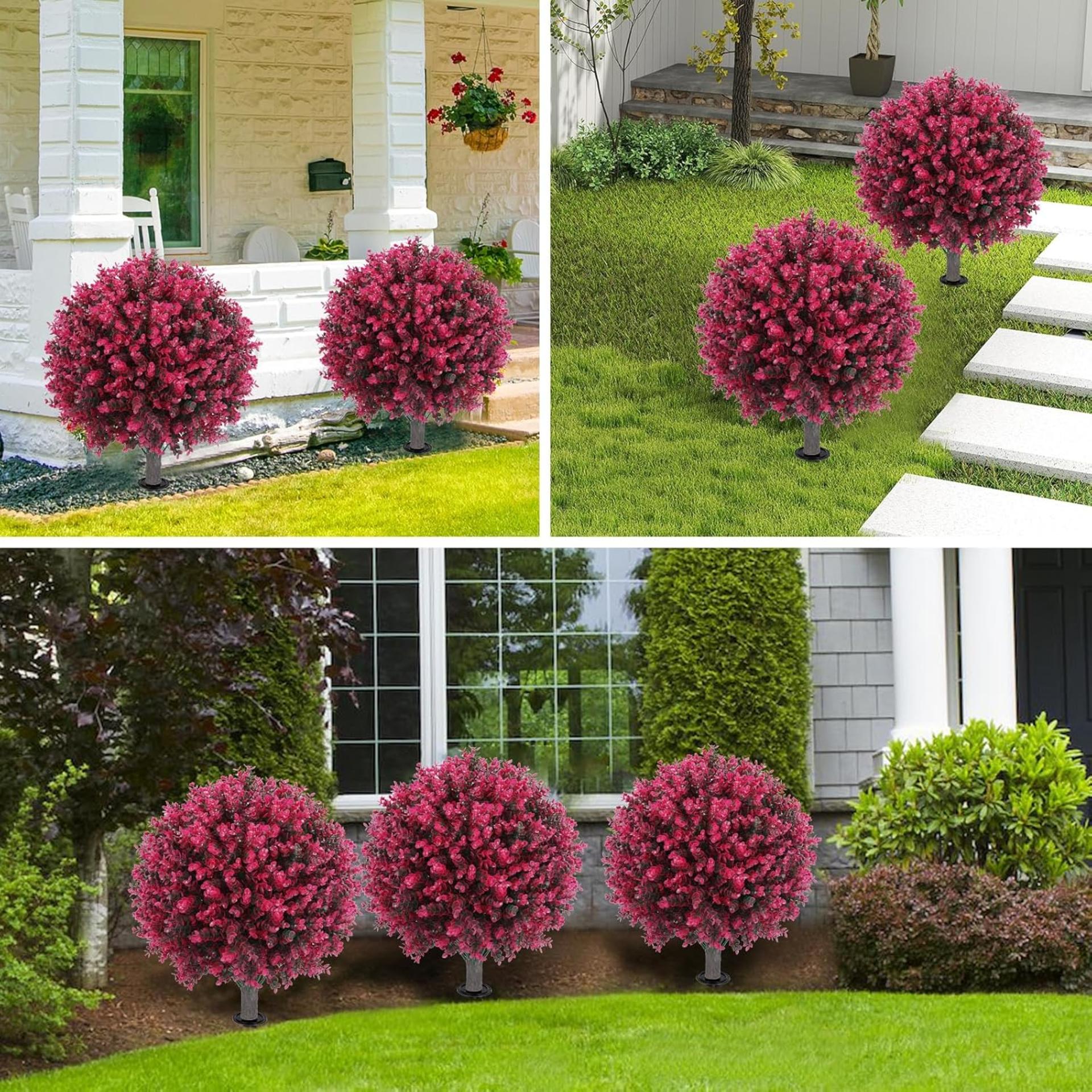 24" Artificial Red Eucalyptus Topiary Ball Tree with Ground Spike, Set of 2 UV Resistant Bushes - 7