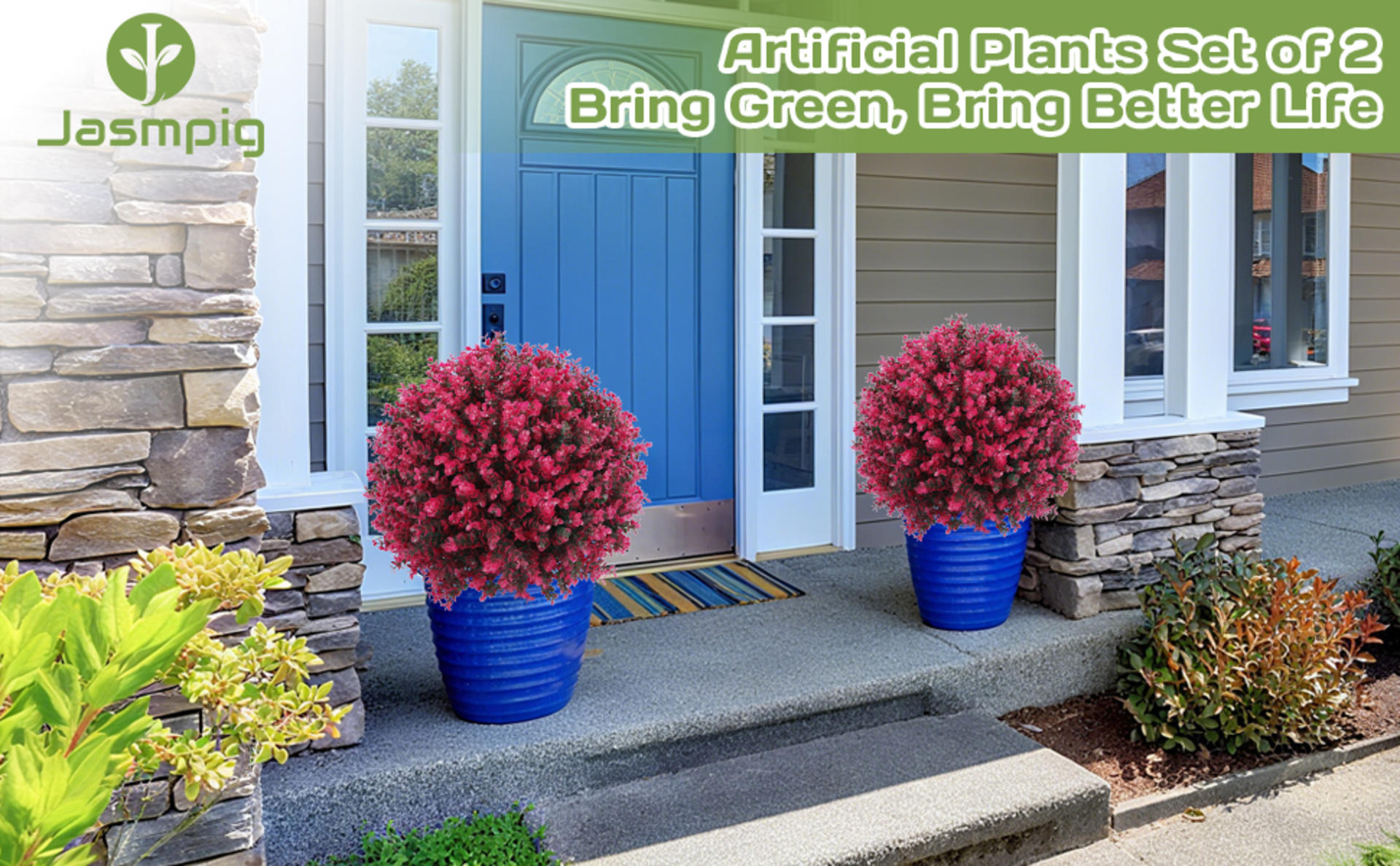 24" Artificial Red Eucalyptus Topiary Ball Tree with Ground Spike, Set of 2 UV Resistant Bushes detail 1