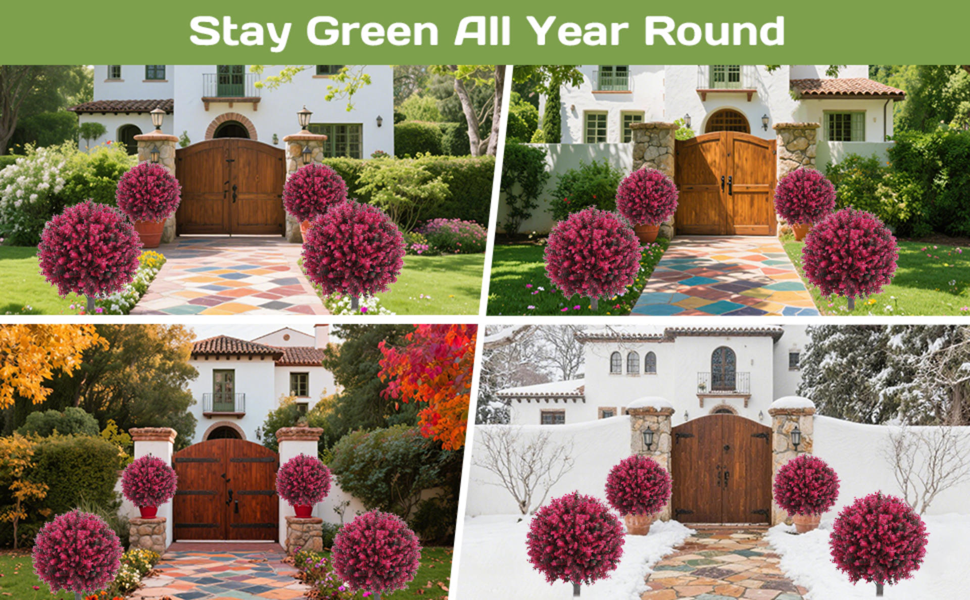 24" Artificial Red Eucalyptus Topiary Ball Tree with Ground Spike, Set of 2 UV Resistant Bushes detail 6