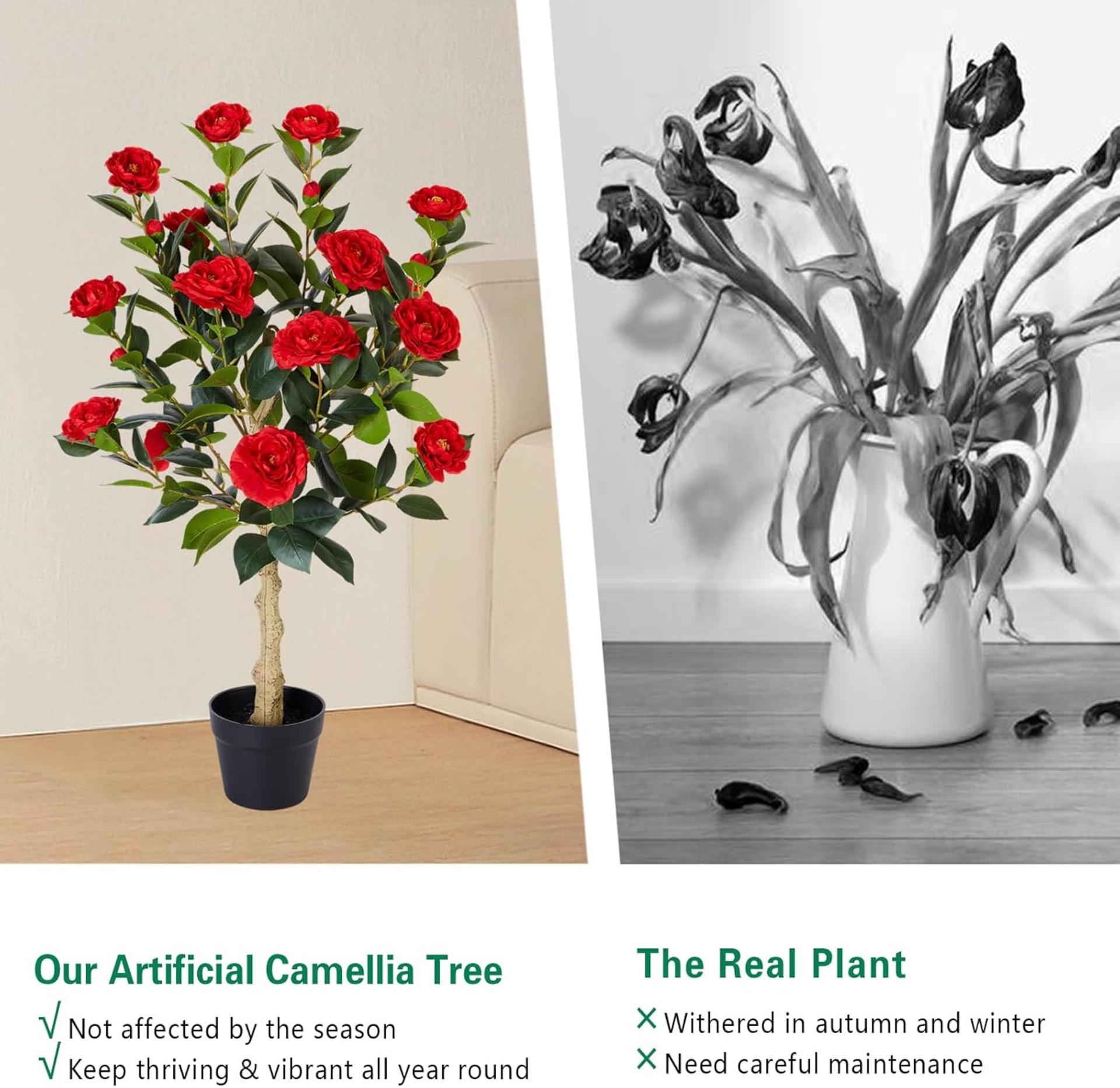 2-Pack 3FT Artificial Camellia Trees with 20 Blooms & Silk Leaves in Cement Pots - 6