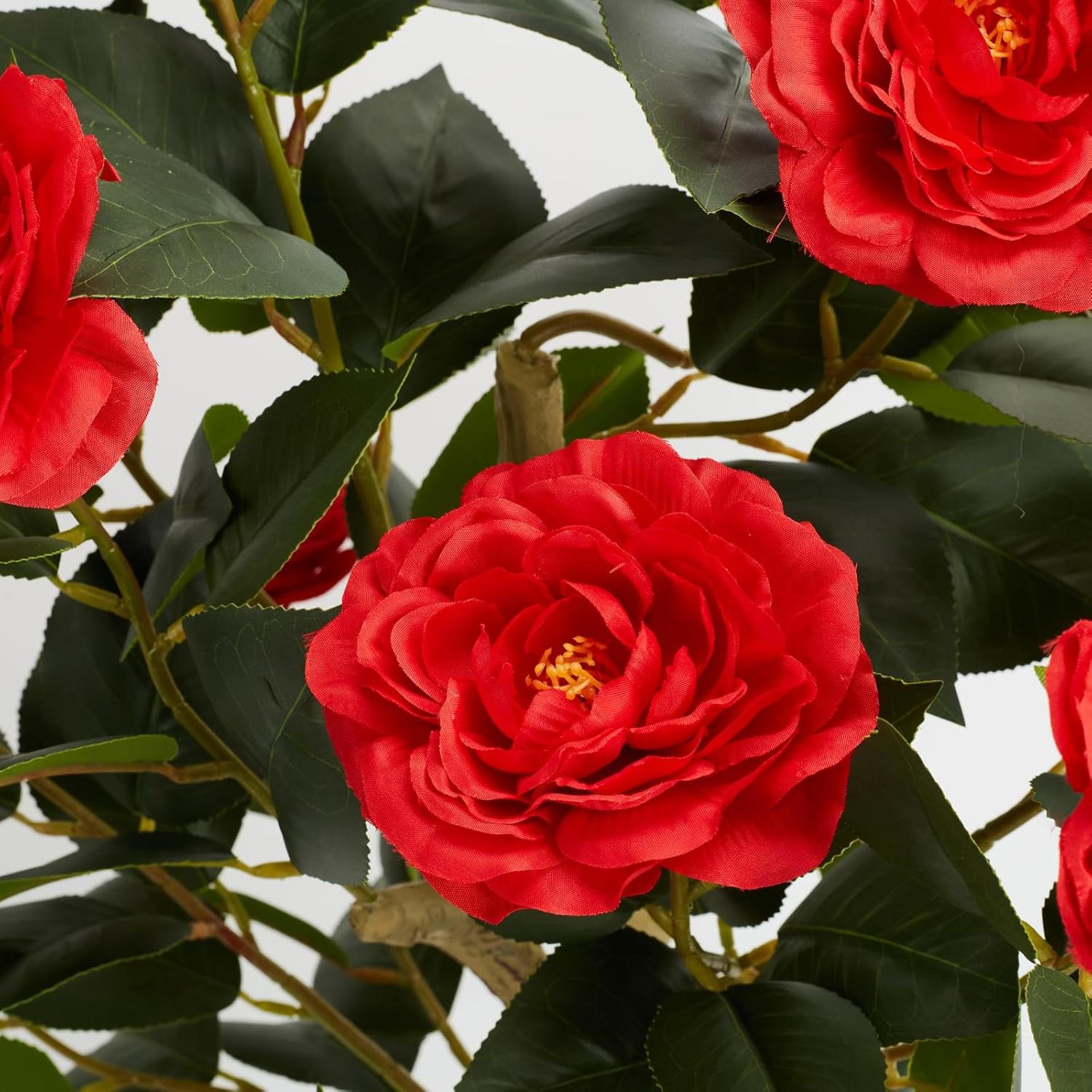 2-Pack 3FT Artificial Camellia Trees with 20 Blooms & Silk Leaves in Cement Pots - 5