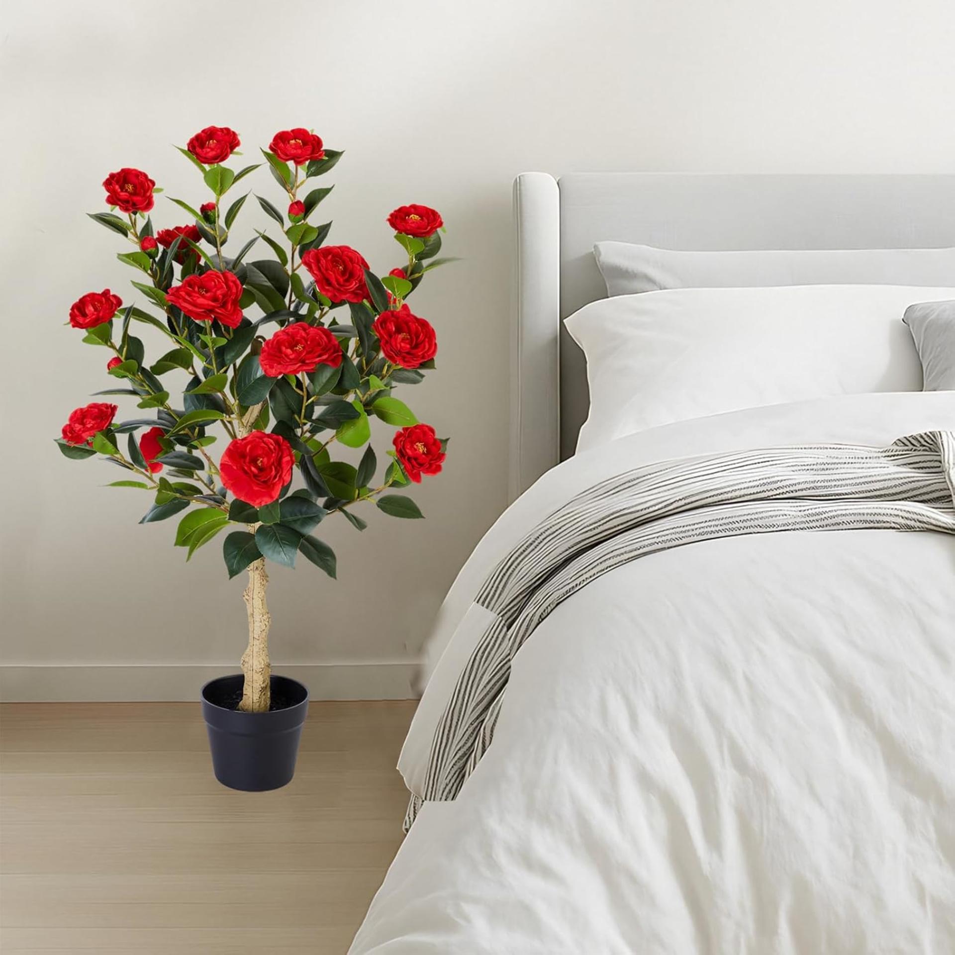 2-Pack 3FT Artificial Camellia Trees with 20 Blooms & Silk Leaves in Cement Pots - 7