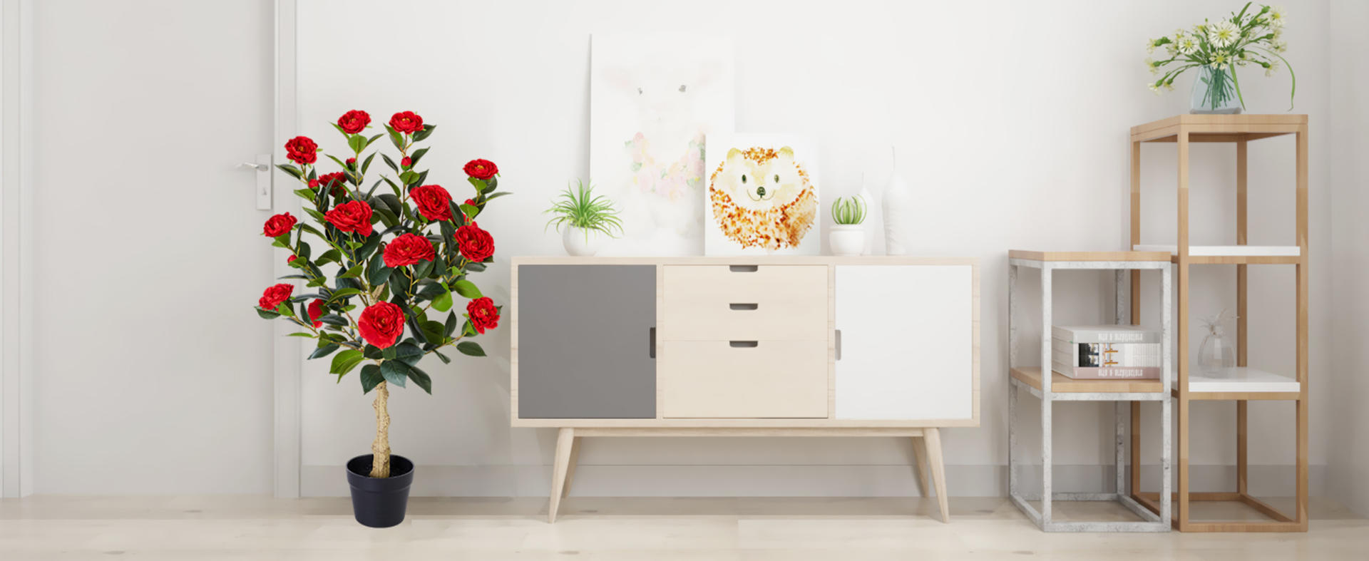 2-Pack 3FT Artificial Camellia Trees with 20 Blooms & Silk Leaves in Cement Pots detail 2