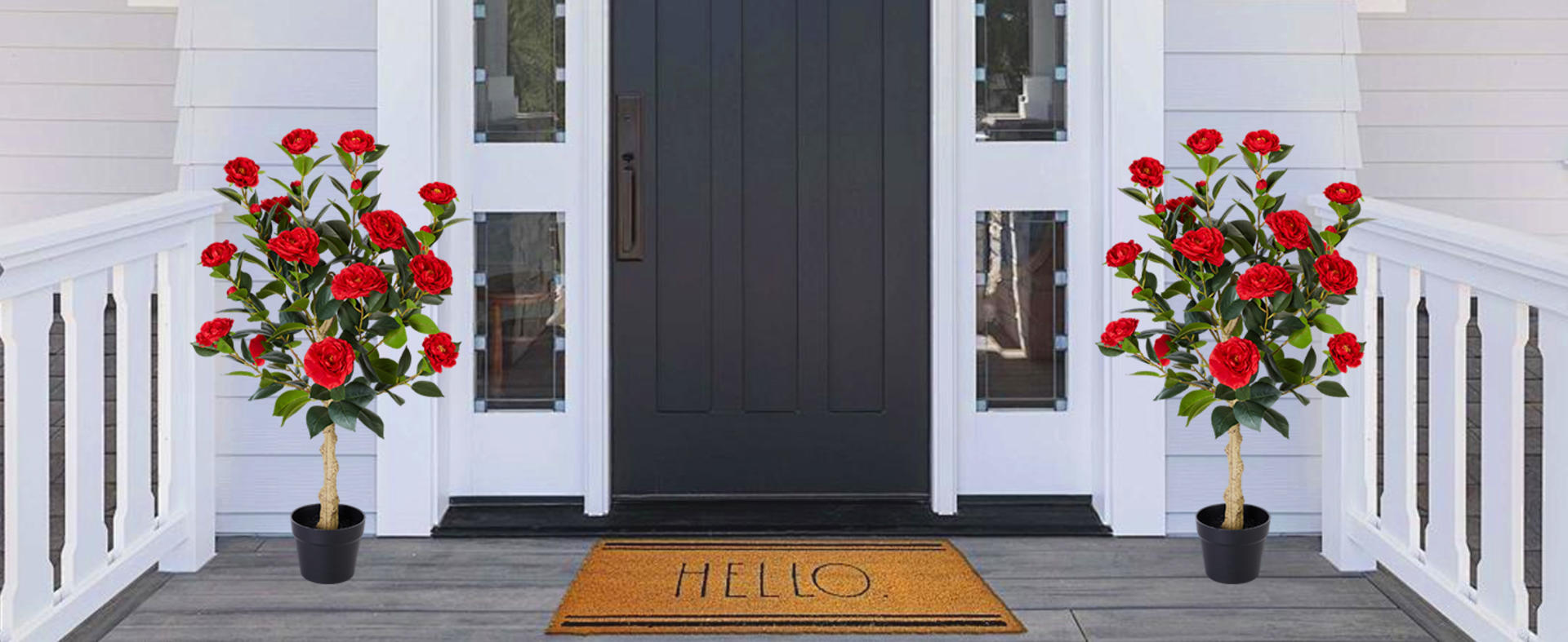 2-Pack 3FT Artificial Camellia Trees with 20 Blooms & Silk Leaves in Cement Pots detail 6