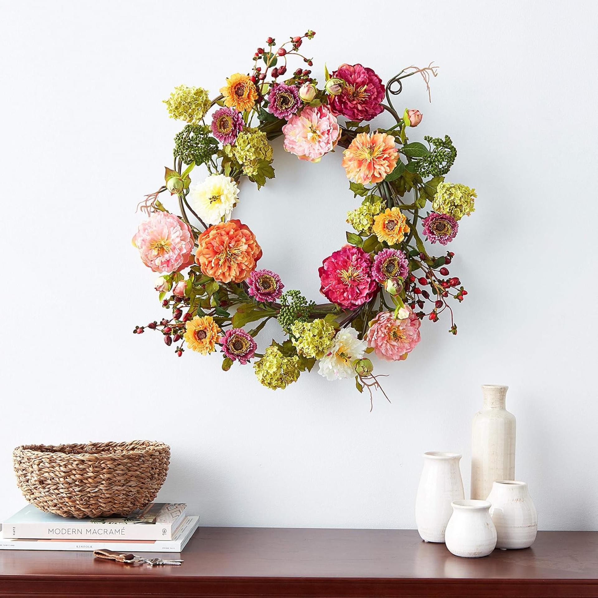 24" Artificial Peony Wreath - Vibrant Multicolor Faux Floral Decor for Indoor Entryway & Wall - 4