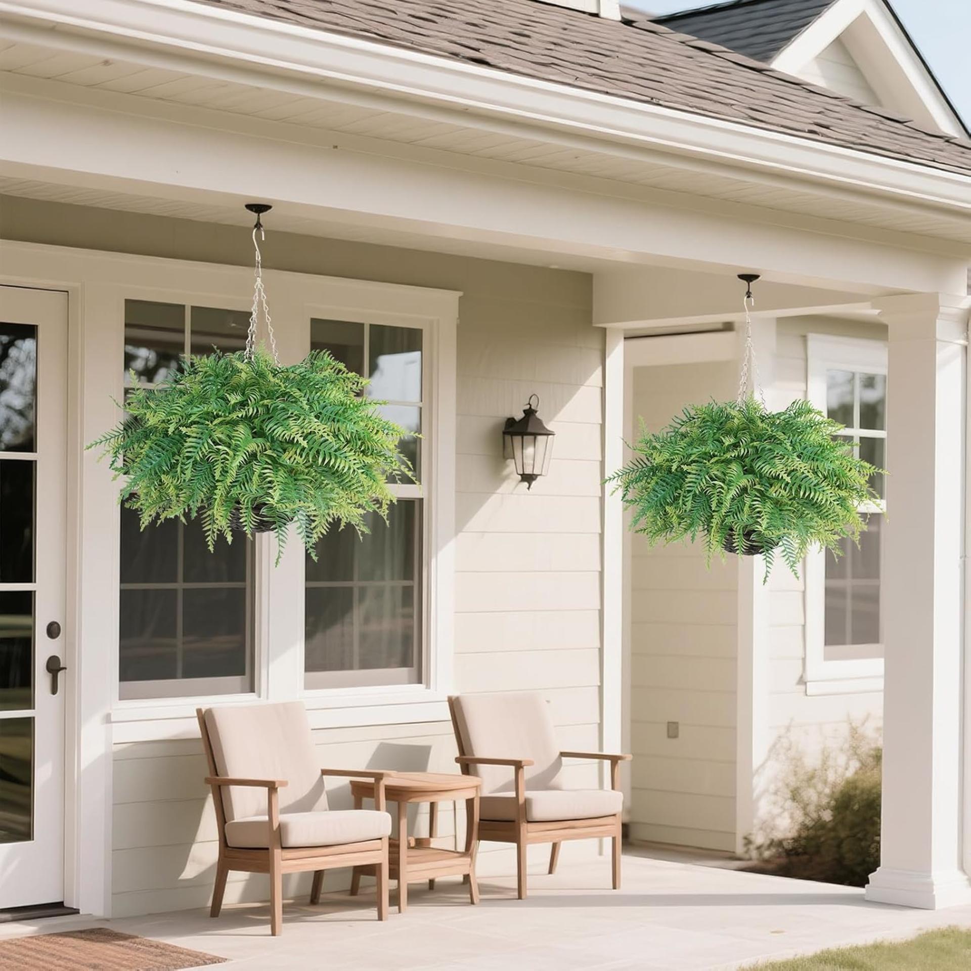 2-Pack Artificial Boston Fern Hanging Plants, UV Resistant Faux Greenery for Outdoor Porch and Garden Decor - 7