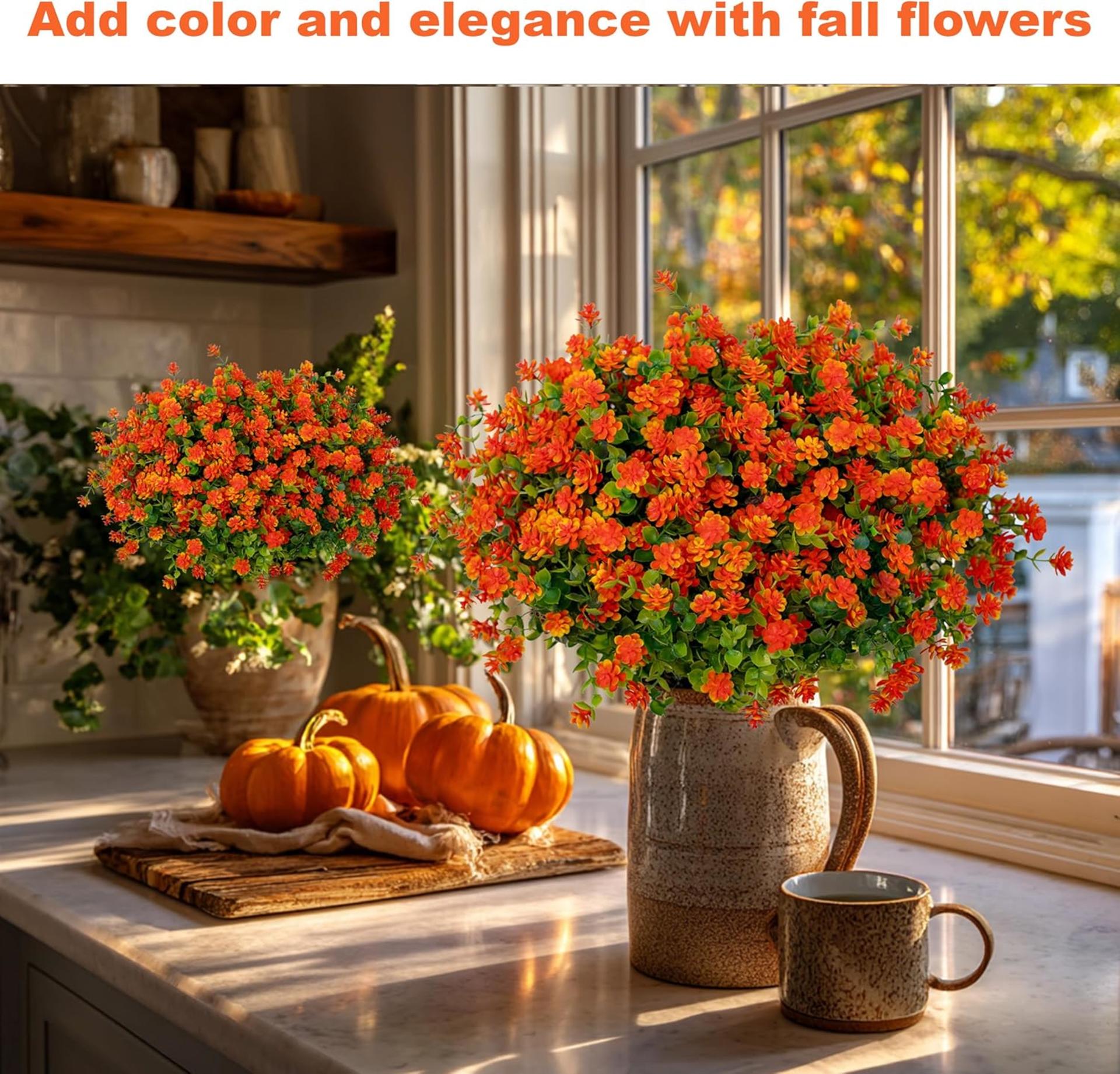 12 Bundles Artificial Fall Flowers Outdoor Fake Mums UV Resistant Faux Plastic Greenery for Garden - 3
