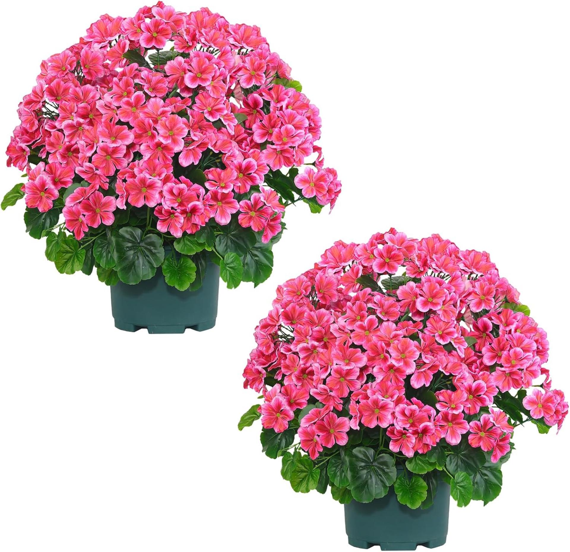 20" Artificial Geranium Bush Potted Outdoor Plants, UV Resistant Faux Flower Topiary (2 Pack)