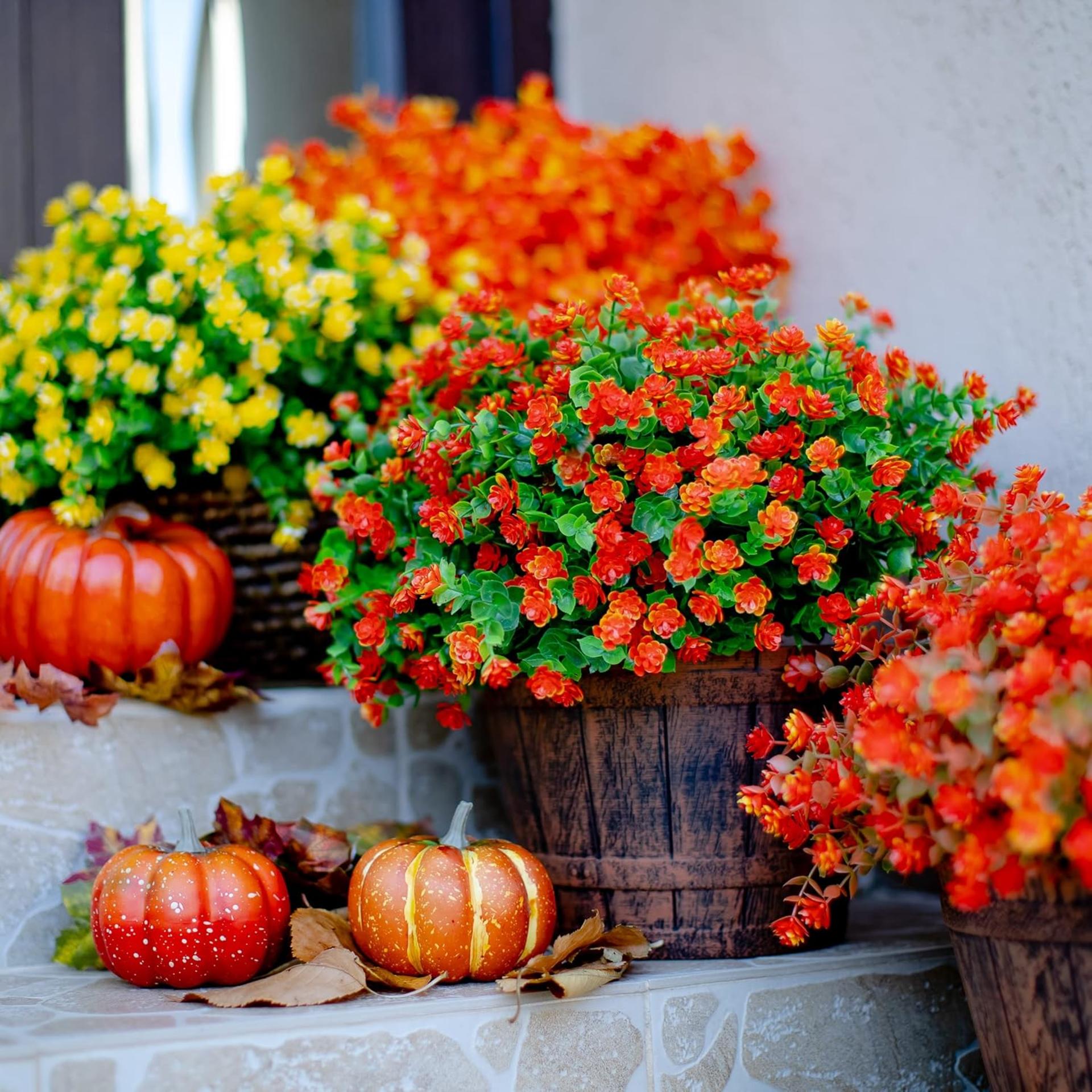 12 Bundles Artificial Fall Flowers Outdoor Fake Mums UV Resistant Faux Plastic Greenery for Garden - 9