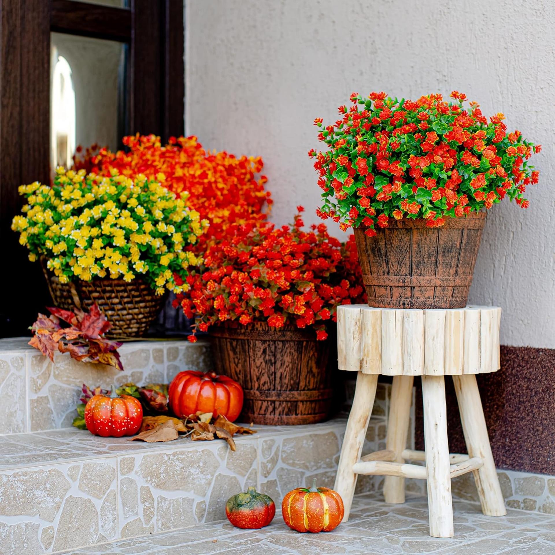 12 Bundles Artificial Fall Flowers Outdoor Fake Mums UV Resistant Faux Plastic Greenery for Garden - 8