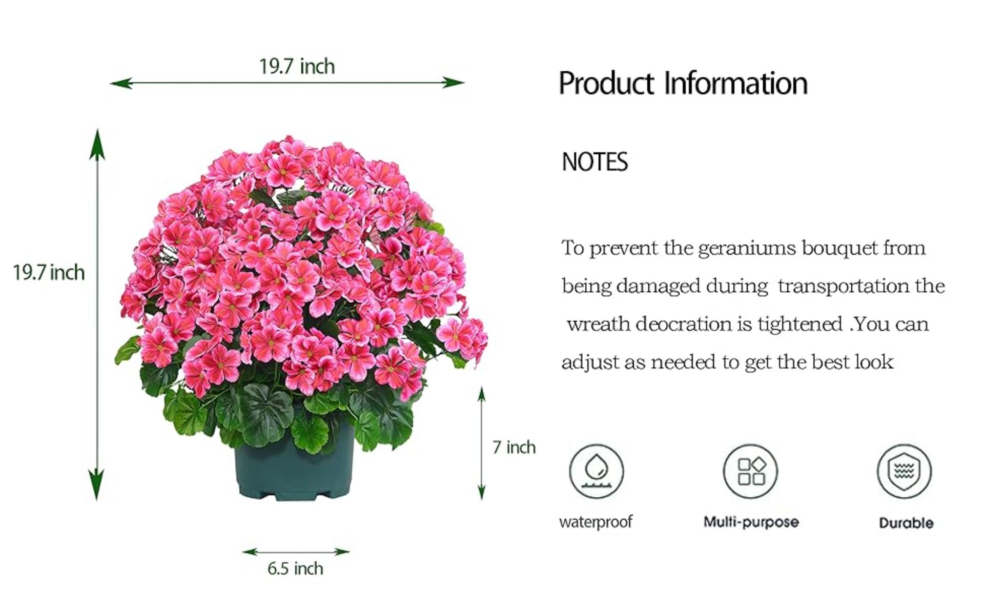 20" Artificial Geranium Bush Potted Outdoor Plants, UV Resistant Faux Flower Topiary (2 Pack) detail 4