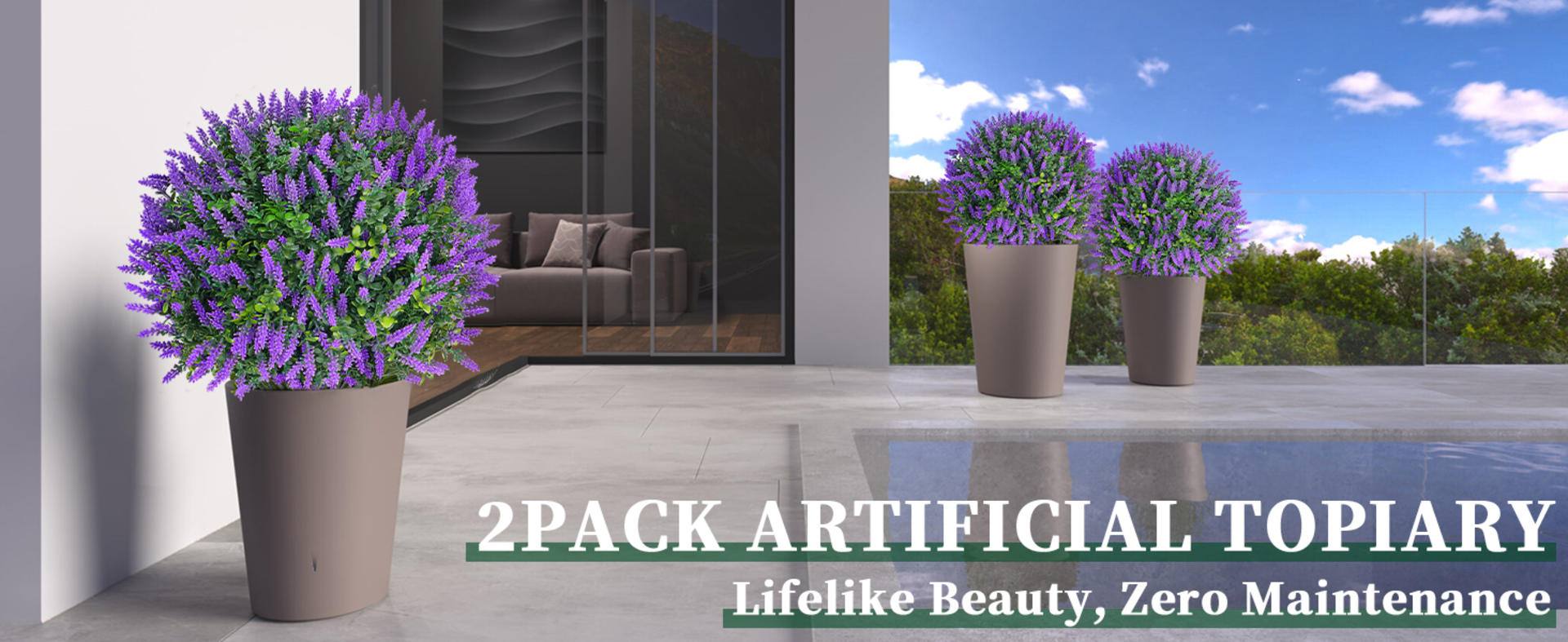 Set of 2 Artificial Lavender Topiary Ball Trees, UV Resistant Faux Evergreen Shrubs for Outdoor Indoor Decor detail 1