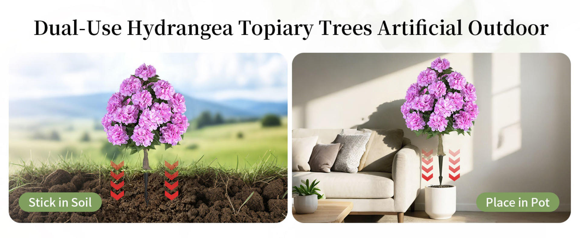 2-Pack 33" Artificial Hydrangea Topiary Trees with 20 Flower Heads and Ground Spikes detail 3