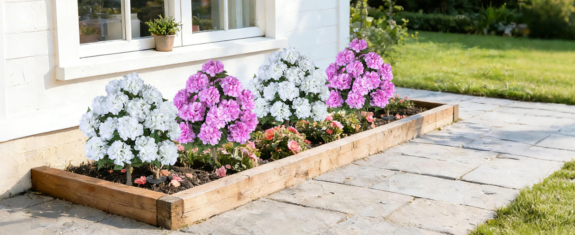 2-Pack 33" Artificial Hydrangea Topiary Trees with 20 Flower Heads and Ground Spikes detail 7