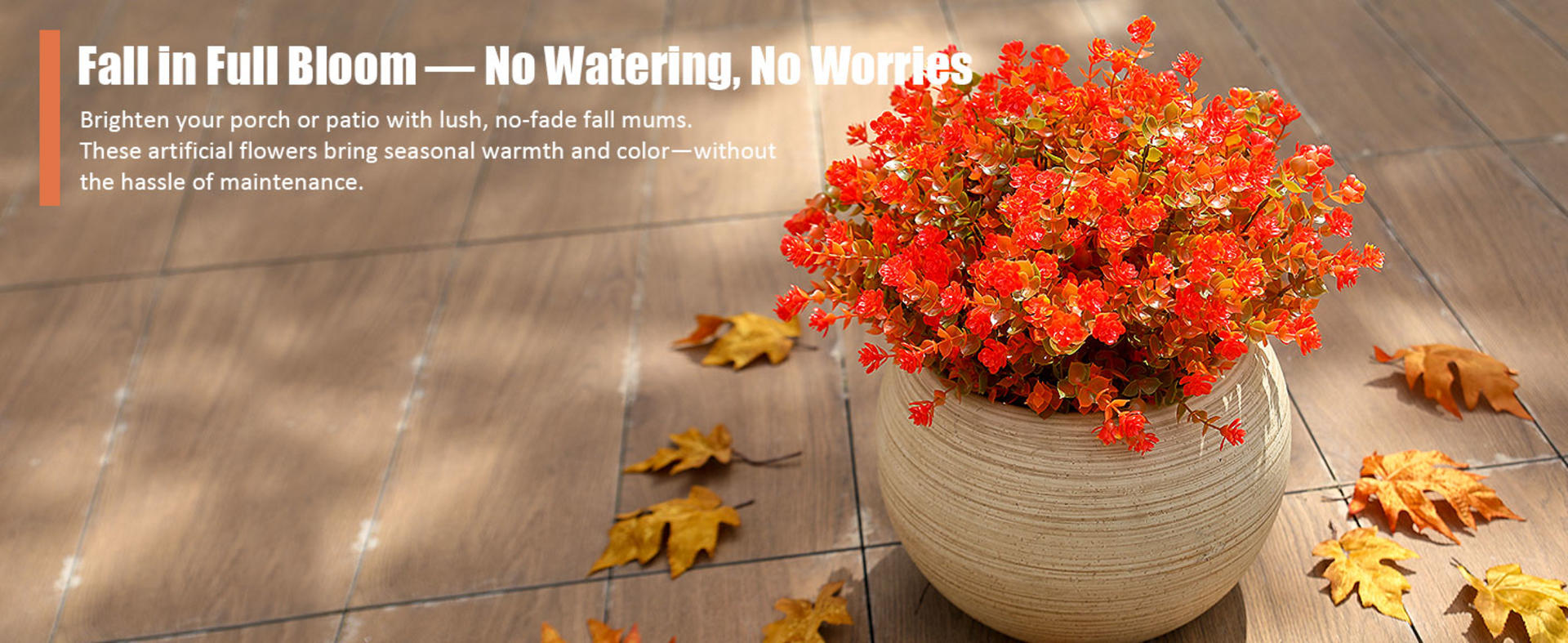 12 Bundles Artificial Mums for Outdoors, UV Resistant Faux Fall Flowers with Eucalyptus Greenery detail 1