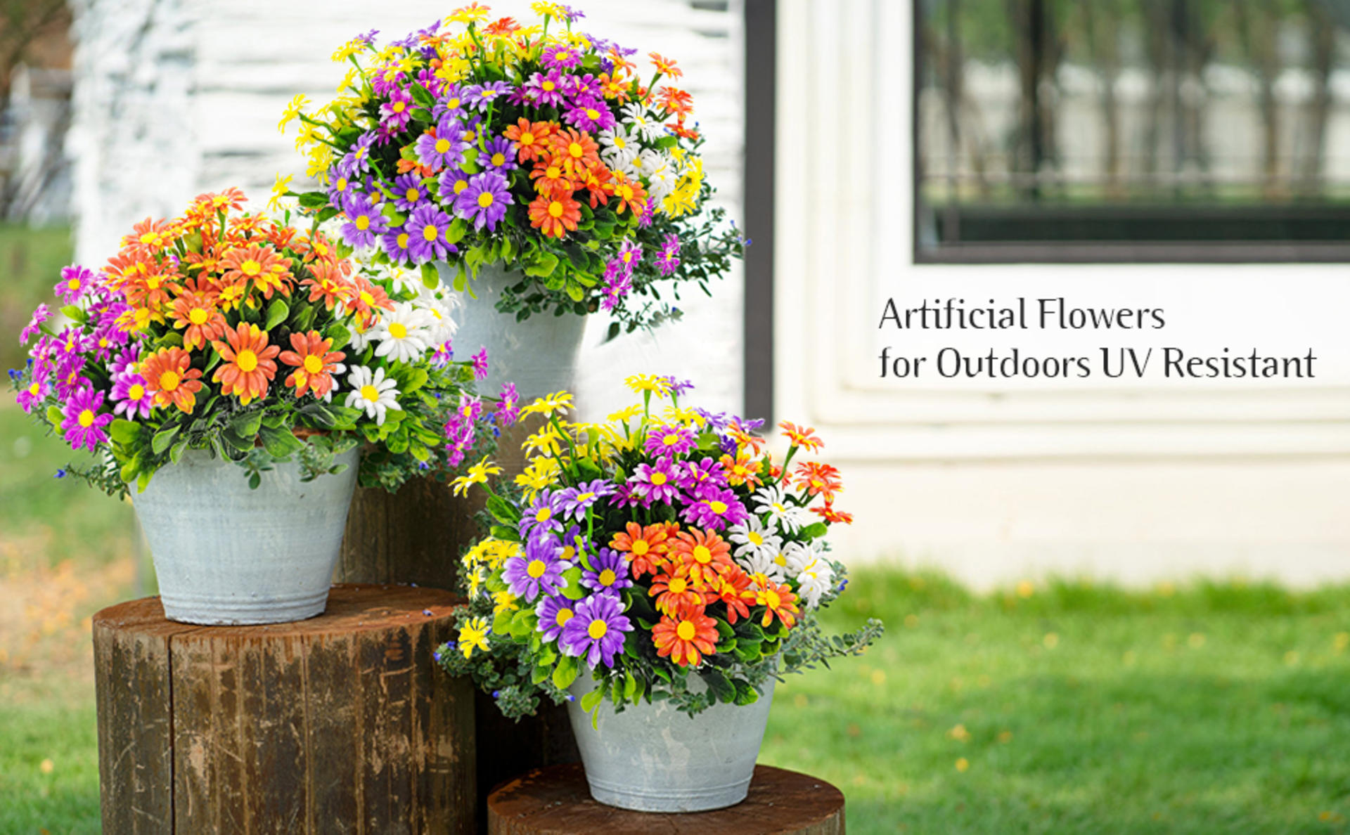 10 Bundles Artificial Daisy Flowers, UV Resistant Outdoor Fake Plants for Garden Window Box Decor detail 1