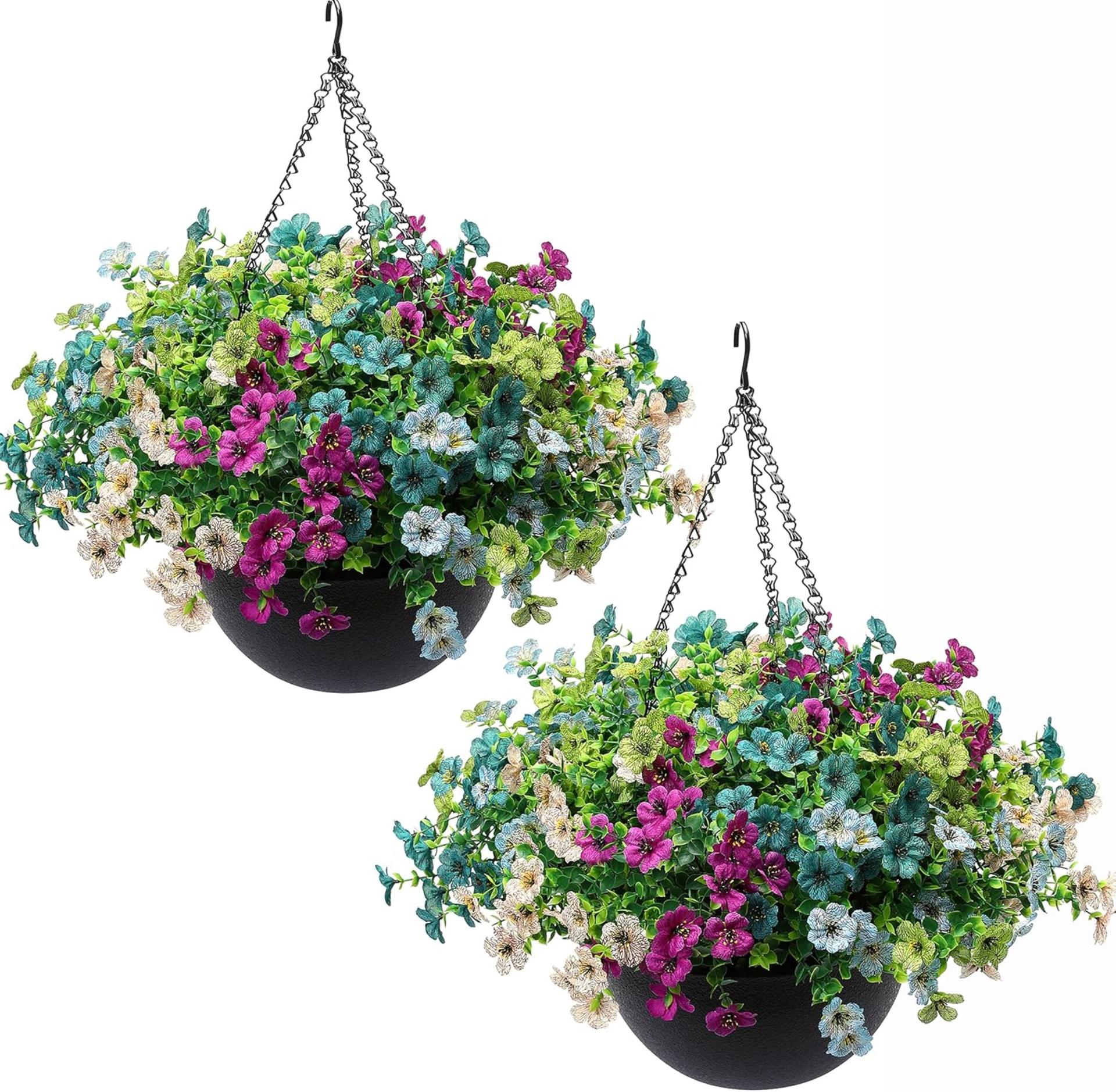 2 Sets Artificial Hanging Plants with Basket, 30 Bundles UV Resistant Fake Flowers for Outdoor Porch