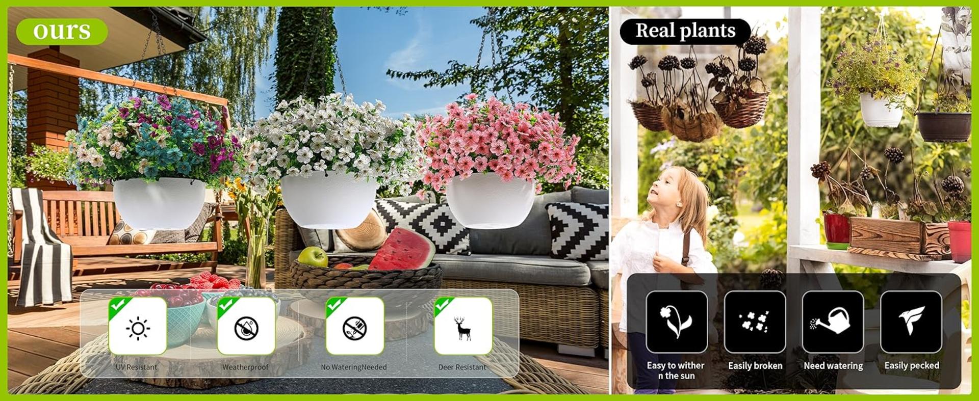 2 Sets Artificial Hanging Plants with Basket, 30 Bundles UV Resistant Fake Flowers for Outdoor Porch detail 5