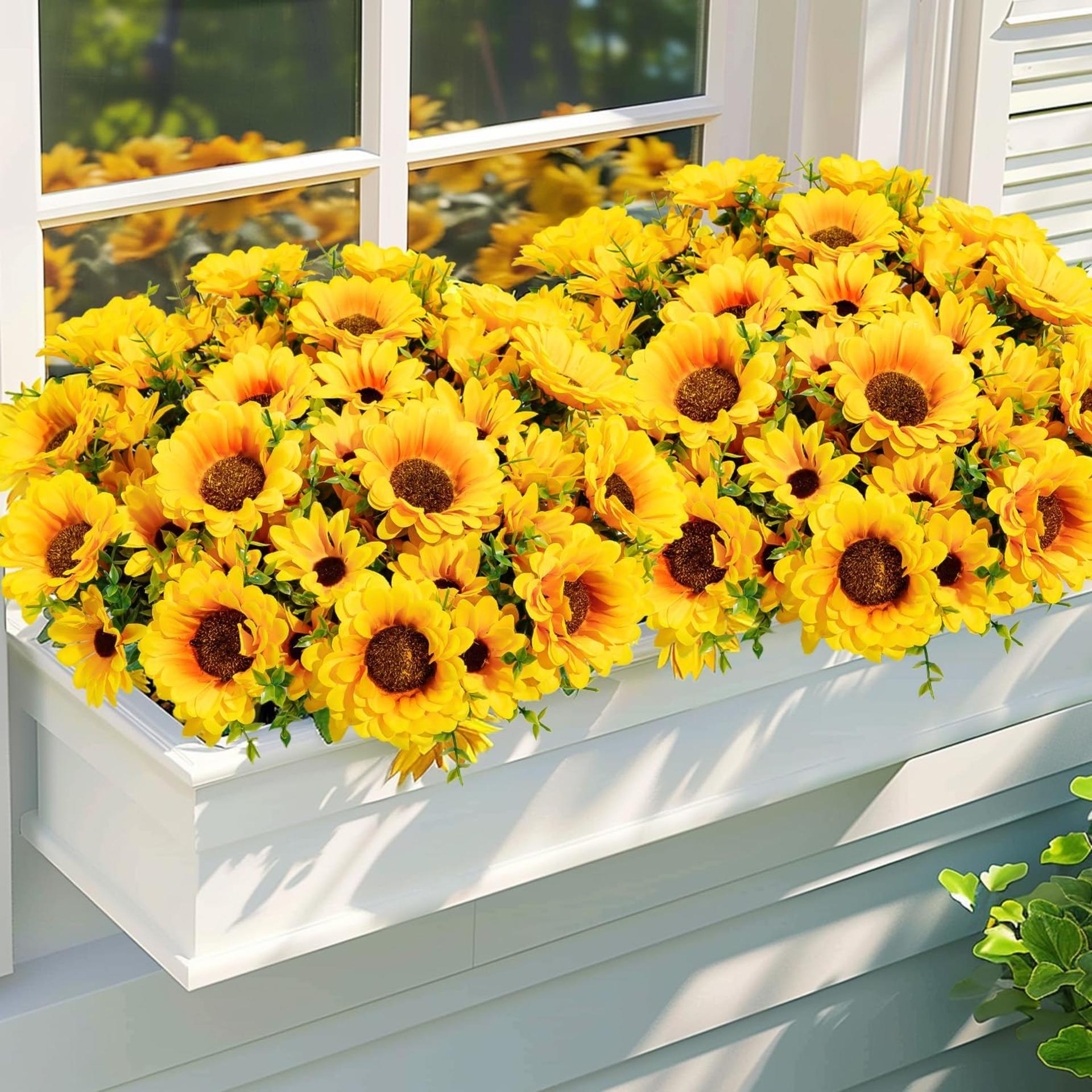 10 Bundles Artificial Sunflowers for Outdoors, UV Resistant Silk Flowers with Eucalyptus Leaves - 8