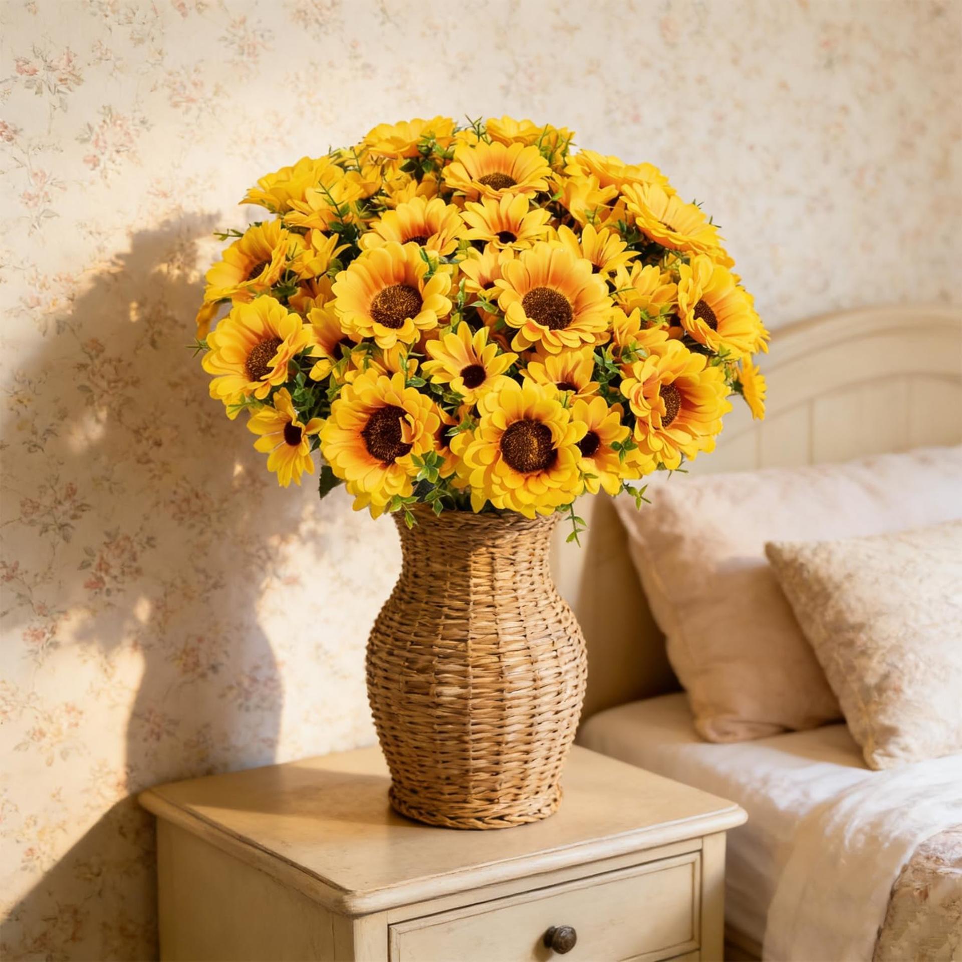 10 Bundles Artificial Sunflowers for Outdoors, UV Resistant Silk Flowers with Eucalyptus Leaves - 9