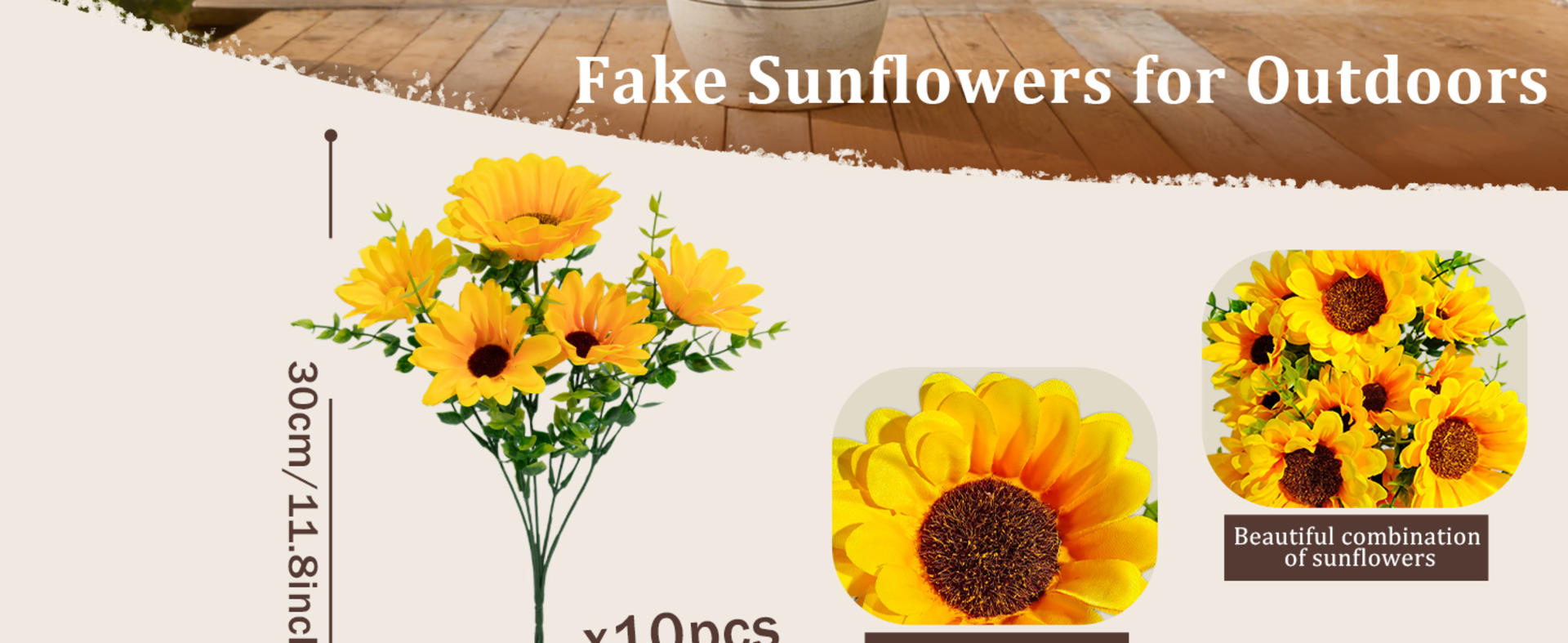 10 Bundles Artificial Sunflowers for Outdoors, UV Resistant Silk Flowers with Eucalyptus Leaves detail 2