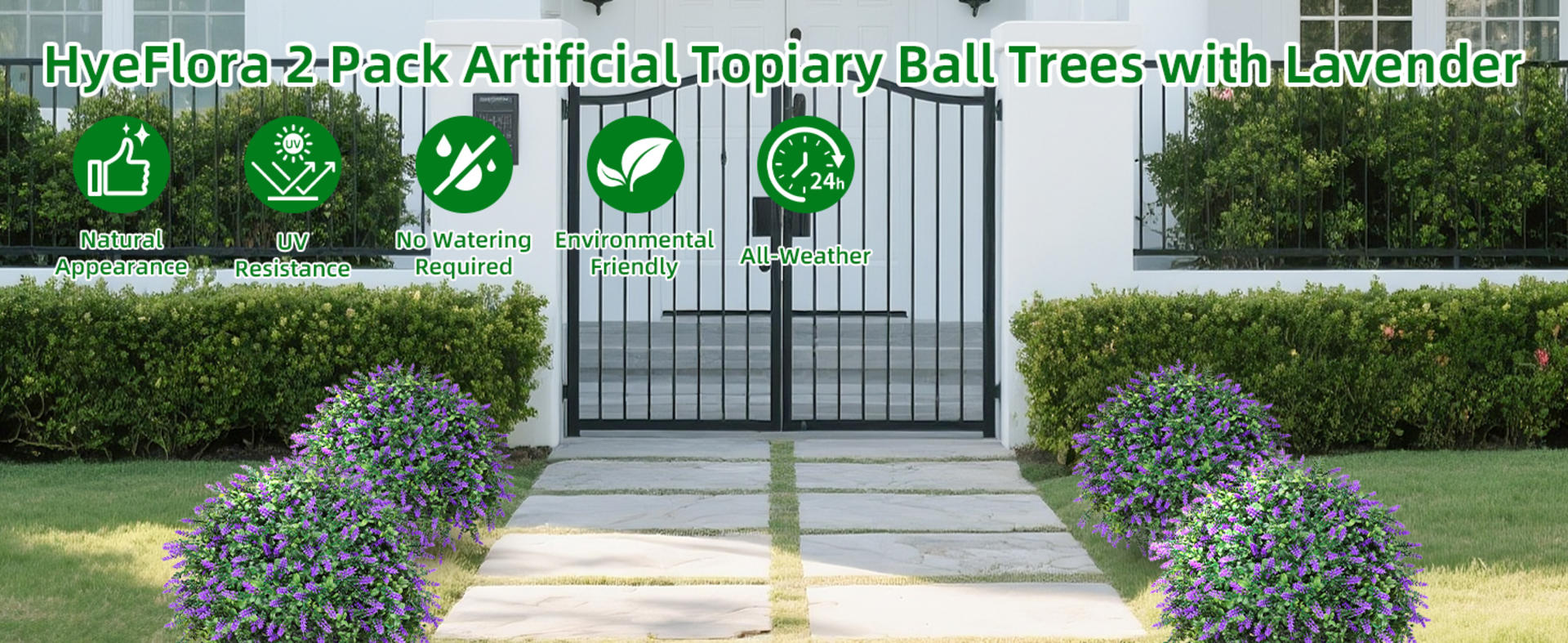 26'' Artificial Boxwood Topiary Ball Trees with Lavender, UV Resistant Fake Shrubs (Set of 2) detail 1