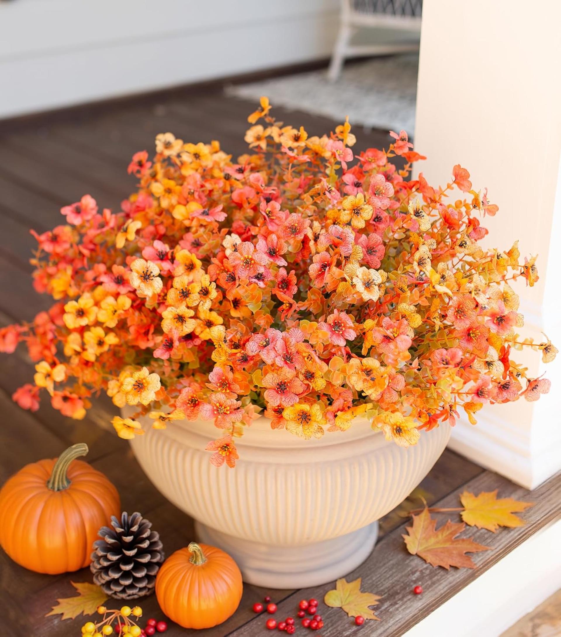 12 Bundles Artificial Fall Daisy Flowers with Eucalyptus Leaves, UV Resistant Faux Mums for Outdoor Indoor Decor