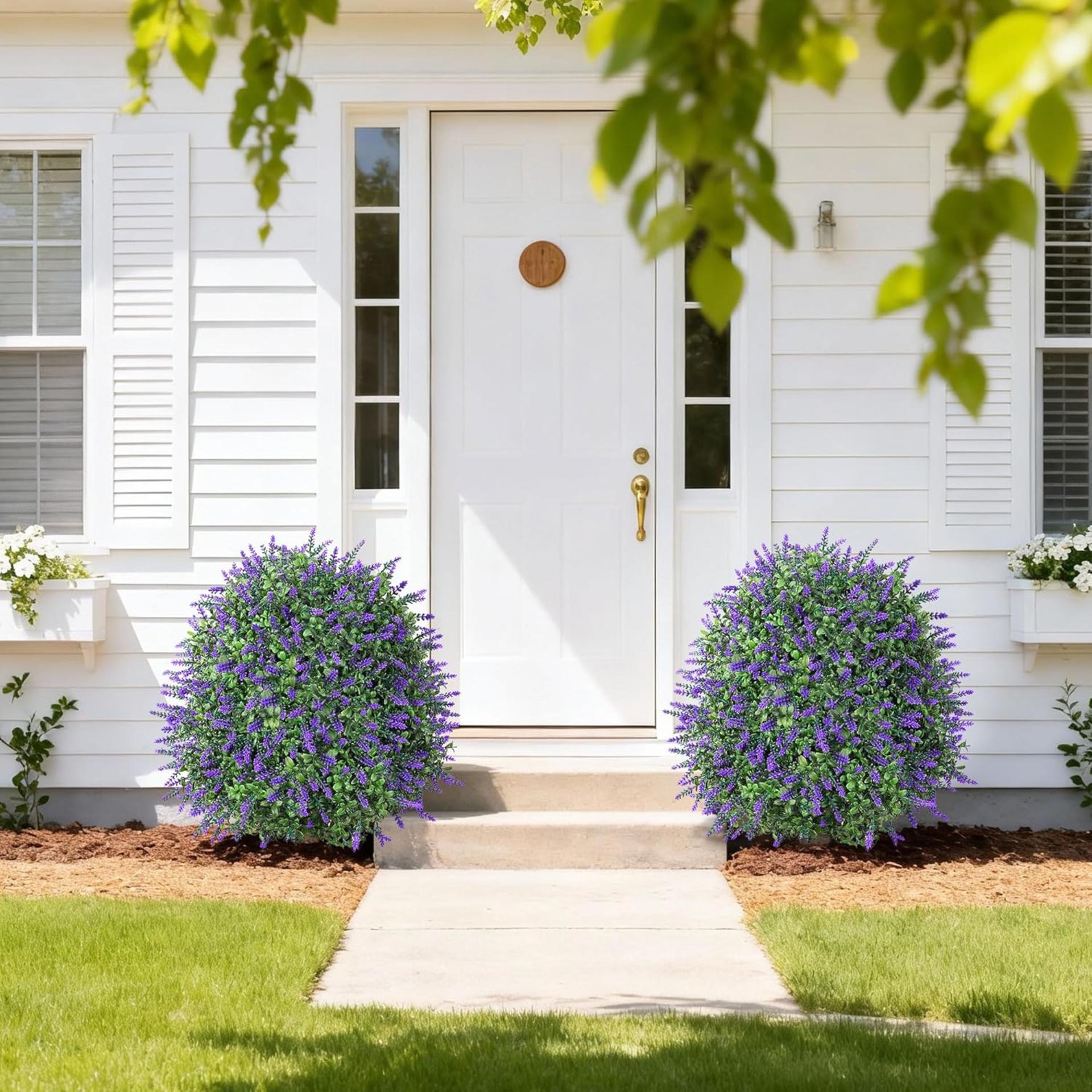 26'' Artificial Boxwood Topiary Trees with Lavender Flowers, 2-Pack UV Resistant Fake Shrubs - 8