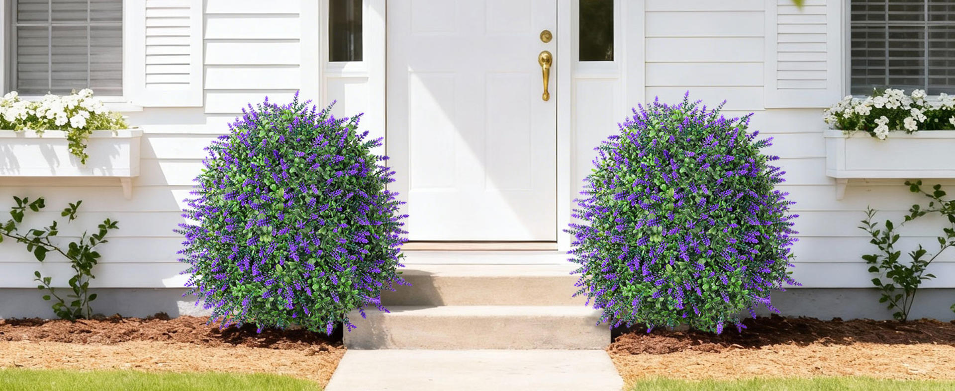 26'' Artificial Boxwood Topiary Trees with Lavender Flowers, 2-Pack UV Resistant Fake Shrubs detail 4