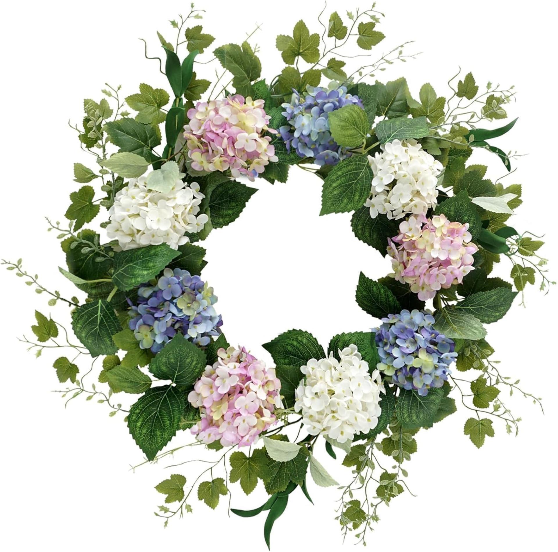 20 Inch Artificial Hydrangea Wreath for Front Door, Spring Summer Floral Decor for Porch and Wall