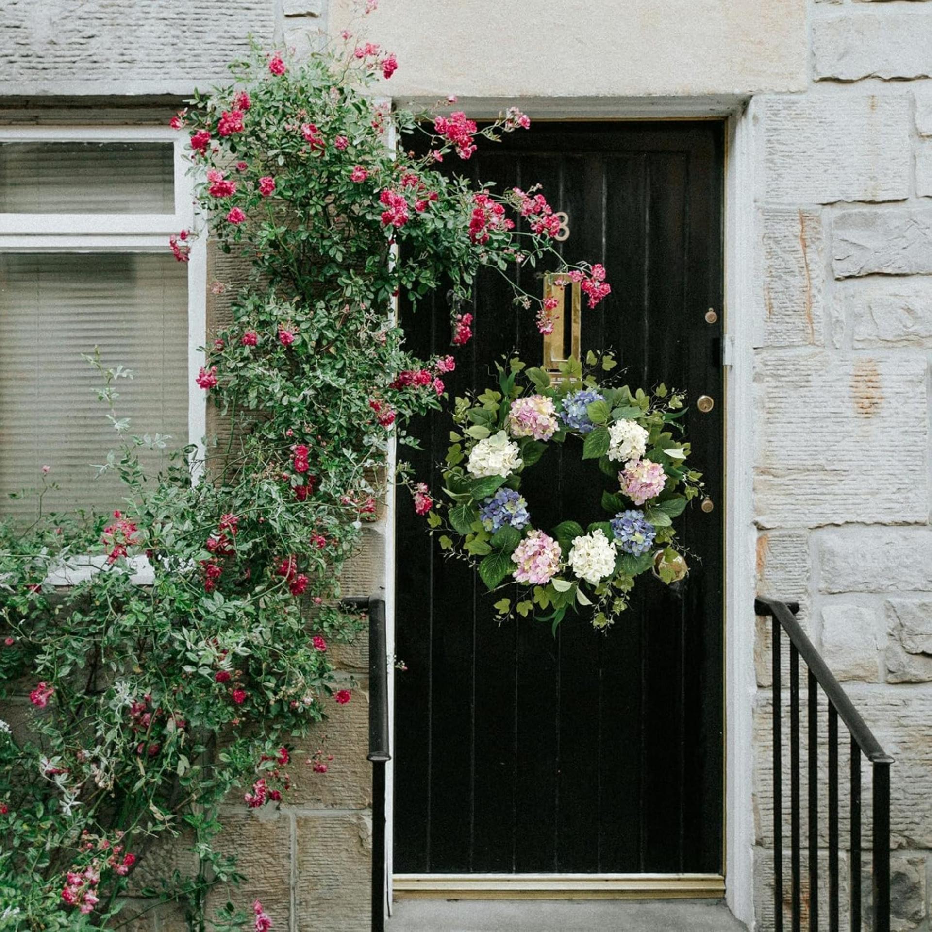 20 Inch Artificial Hydrangea Wreath for Front Door, Spring Summer Floral Decor for Porch and Wall - 6