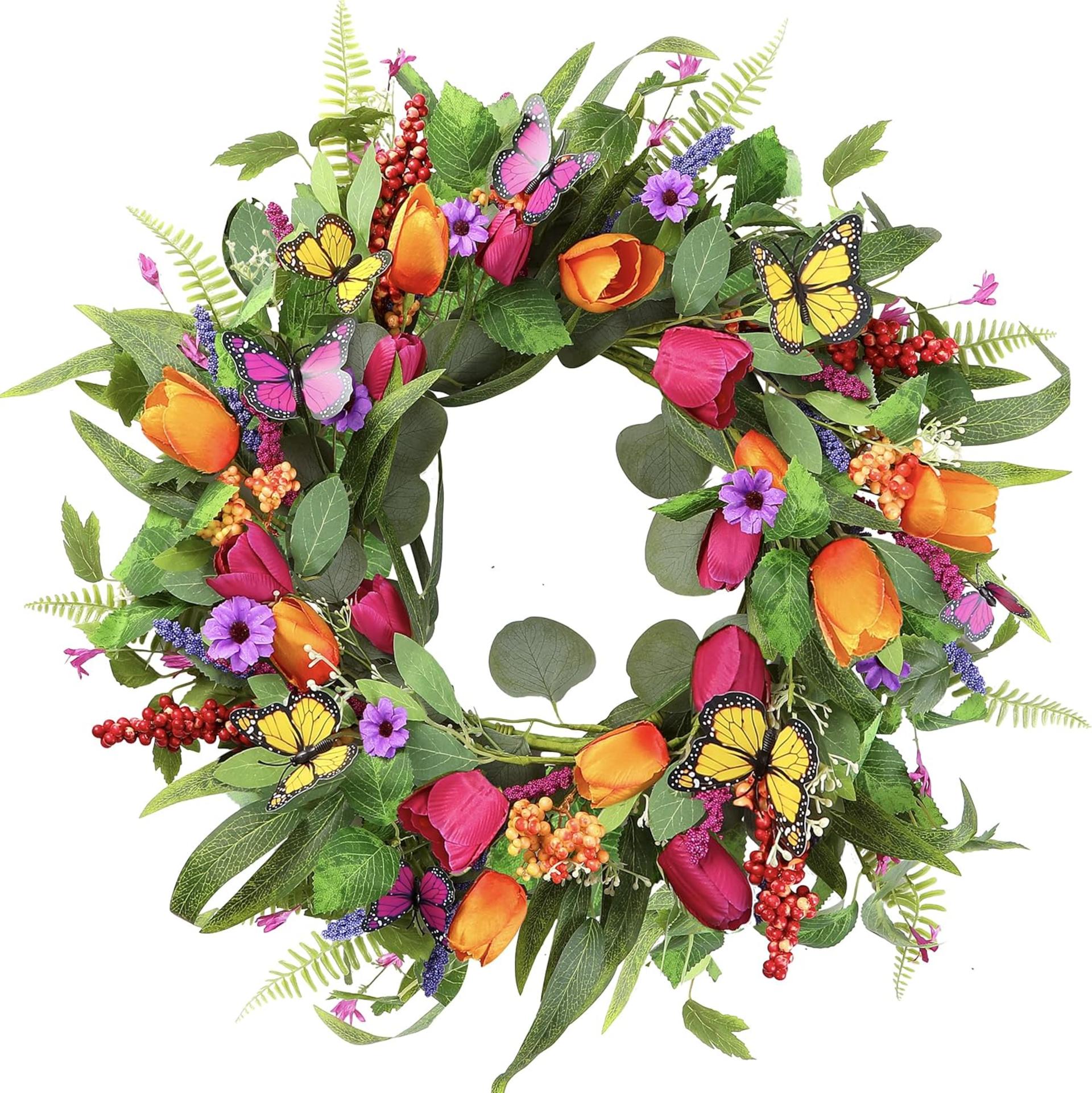 22 Inch Artificial Tulip Wreath with Eucalyptus Leaves and Butterflies for Front Door