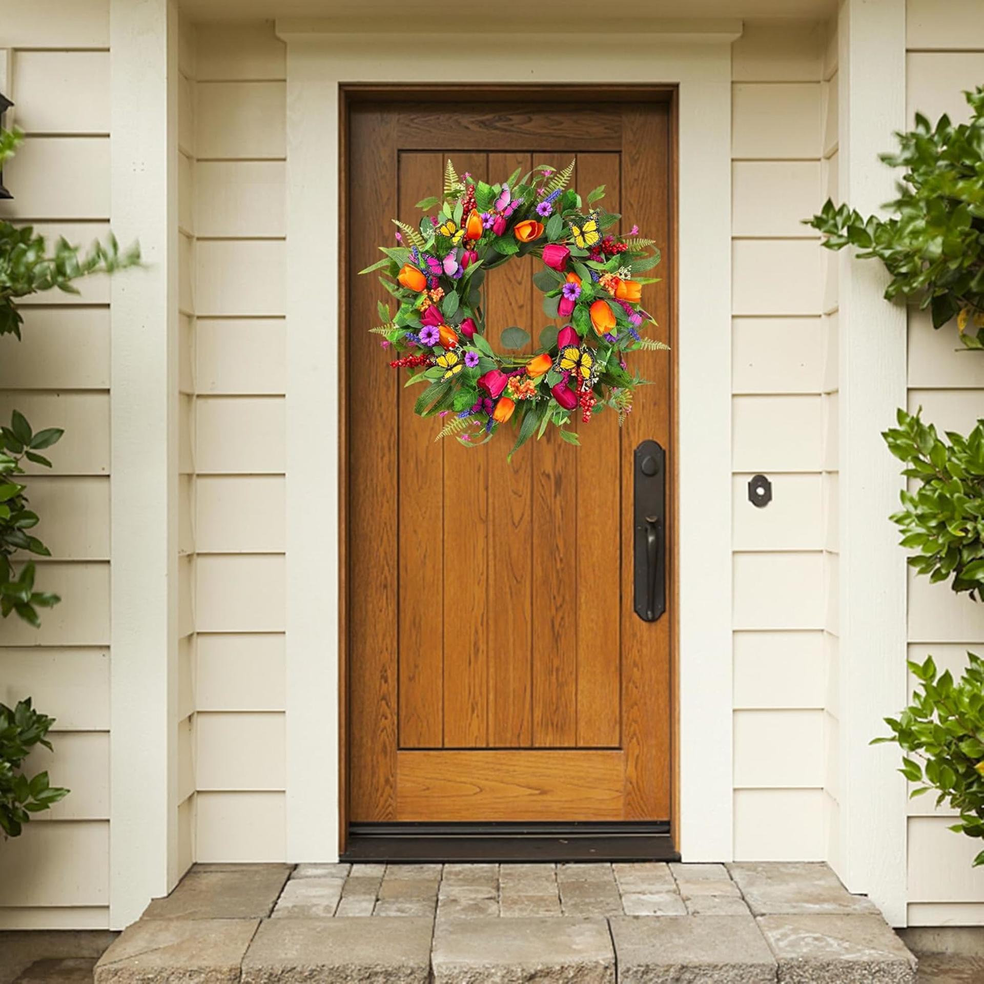 22 Inch Artificial Tulip Wreath with Eucalyptus Leaves and Butterflies for Front Door - 3