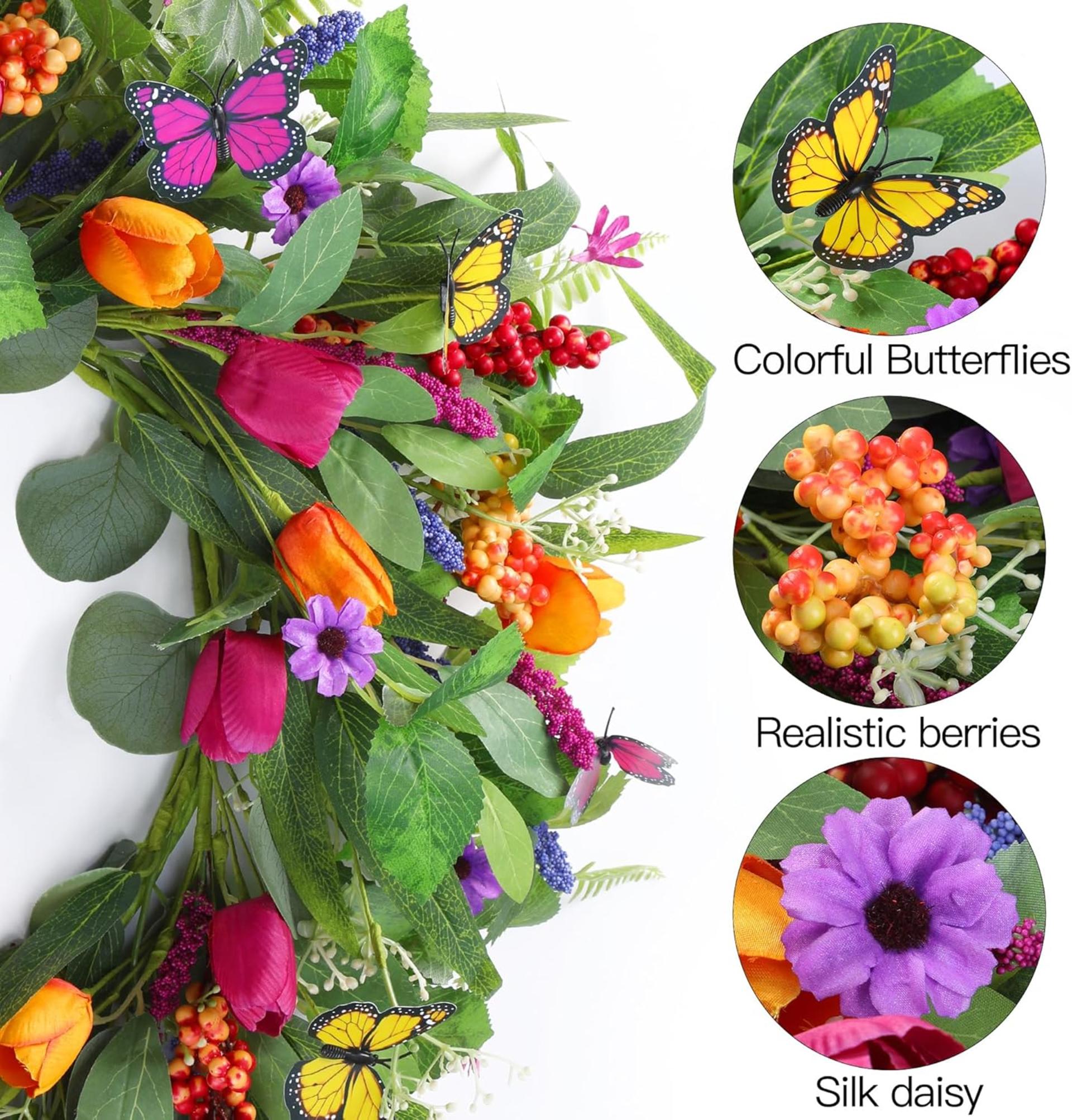22 Inch Artificial Tulip Wreath with Eucalyptus Leaves and Butterflies for Front Door - 6