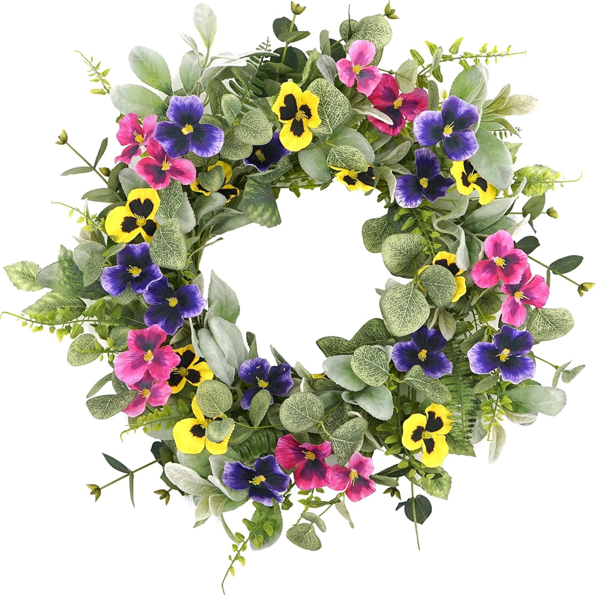 20" Artificial Spring Summer Wreath with Pansy Flowers and Flocked Lambs Ear
