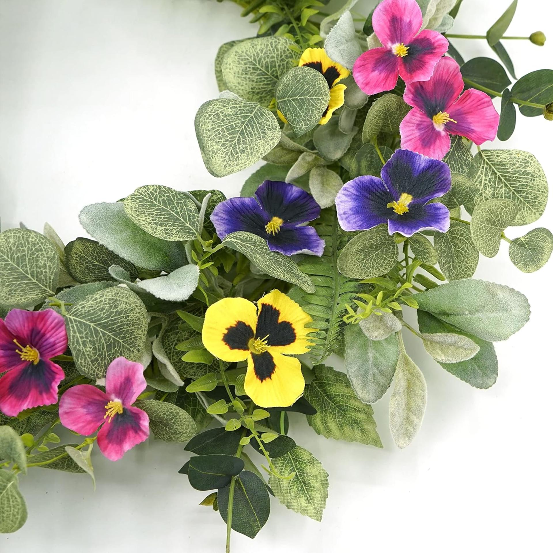 20" Artificial Spring Summer Wreath with Pansy Flowers and Flocked Lambs Ear - 5