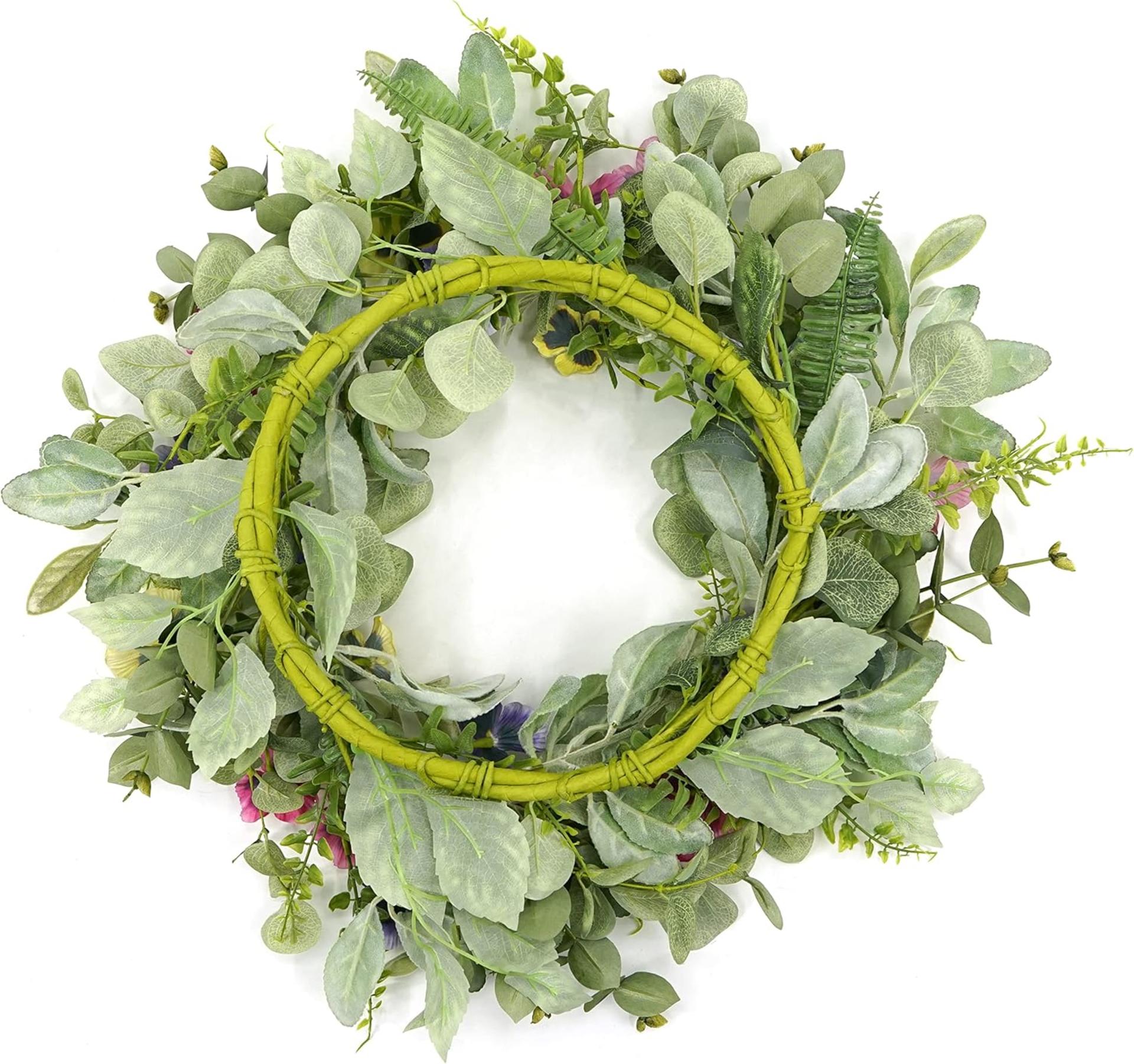 20" Artificial Spring Summer Wreath with Pansy Flowers and Flocked Lambs Ear - 8