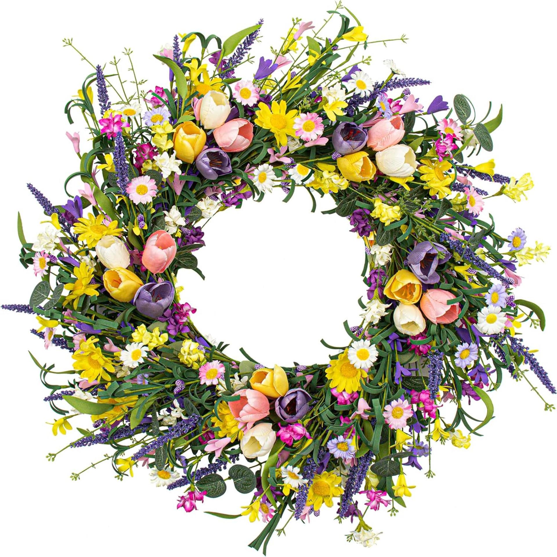 22 Inch Spring Wreath for Front Door - Artificial Tulip, Daisy and Lavender Floral Wreath