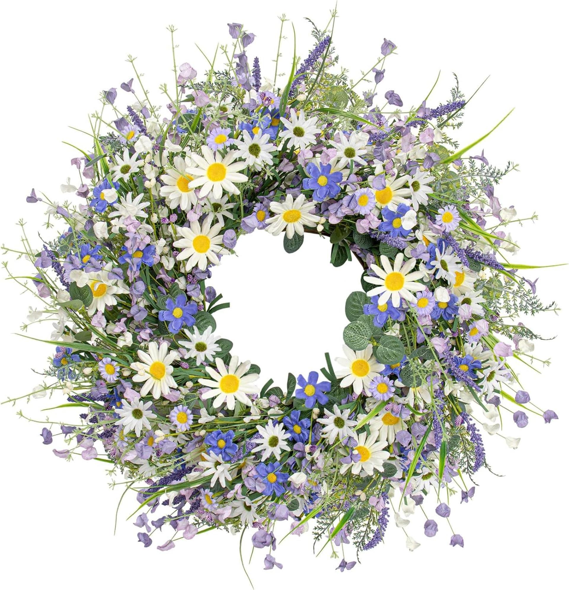 22 Inch Spring Wreath for Front Door with Blue Daisies, Lavender and Wildflowers