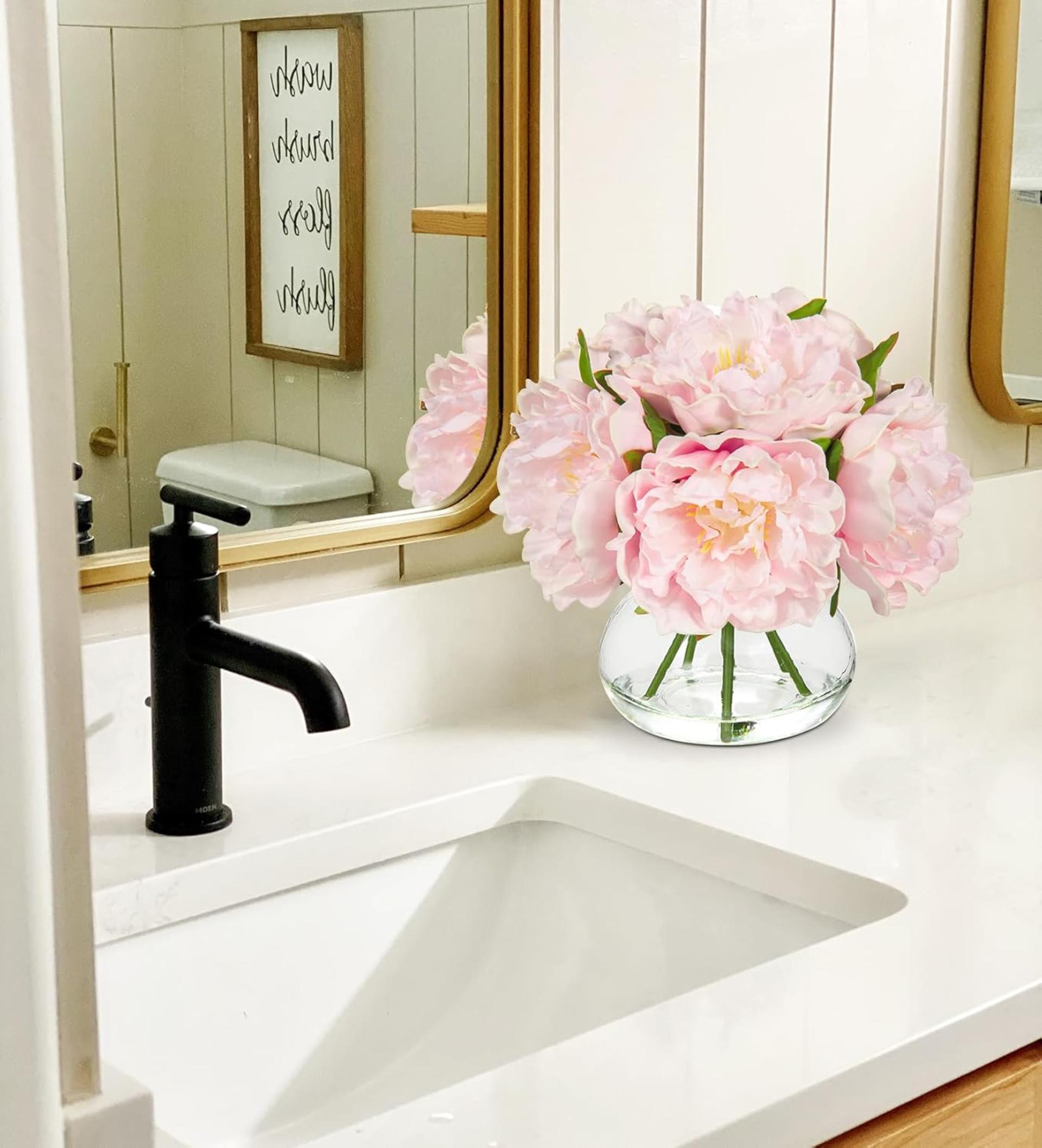 Pink Peonies Artificial Flowers in Glass Vase with Faux Water for Home Decor - 3
