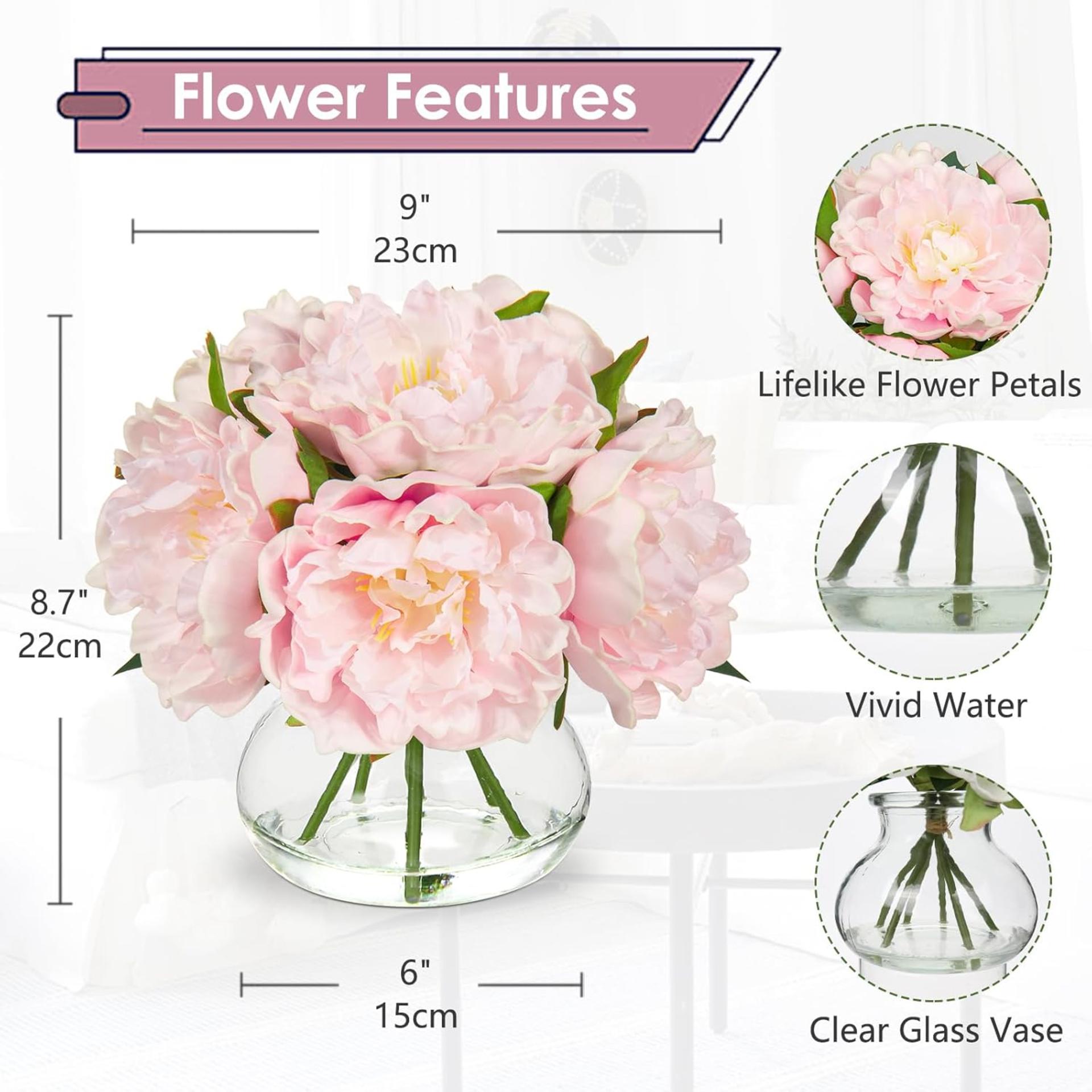 Pink Peonies Artificial Flowers in Glass Vase with Faux Water for Home Decor - 2