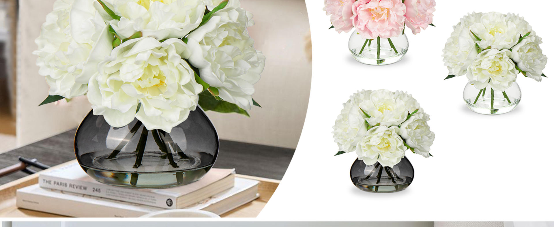 Pink Peonies Artificial Flowers in Glass Vase with Faux Water for Home Decor detail 4